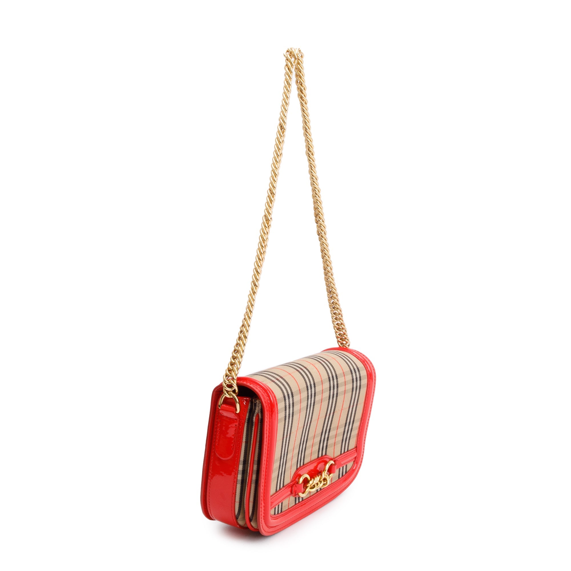 Burberry Vintage 1983 Knight Check Canvas Red Patent Leather Trinm Link Flap Shoulder Bag