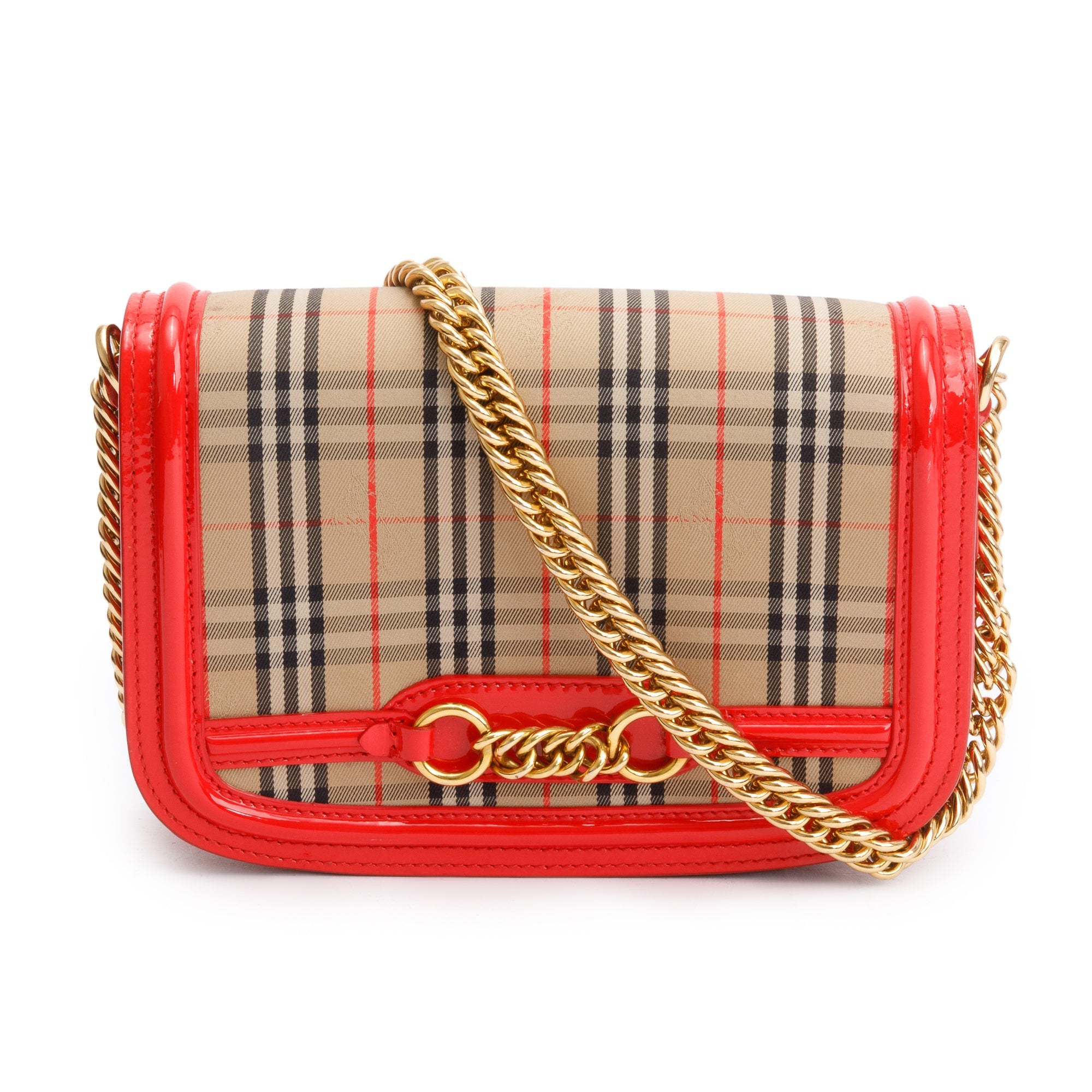 Burberry Vintage 1983 Knight Check Canvas Red Patent Leather Trinm Link Flap Shoulder Bag