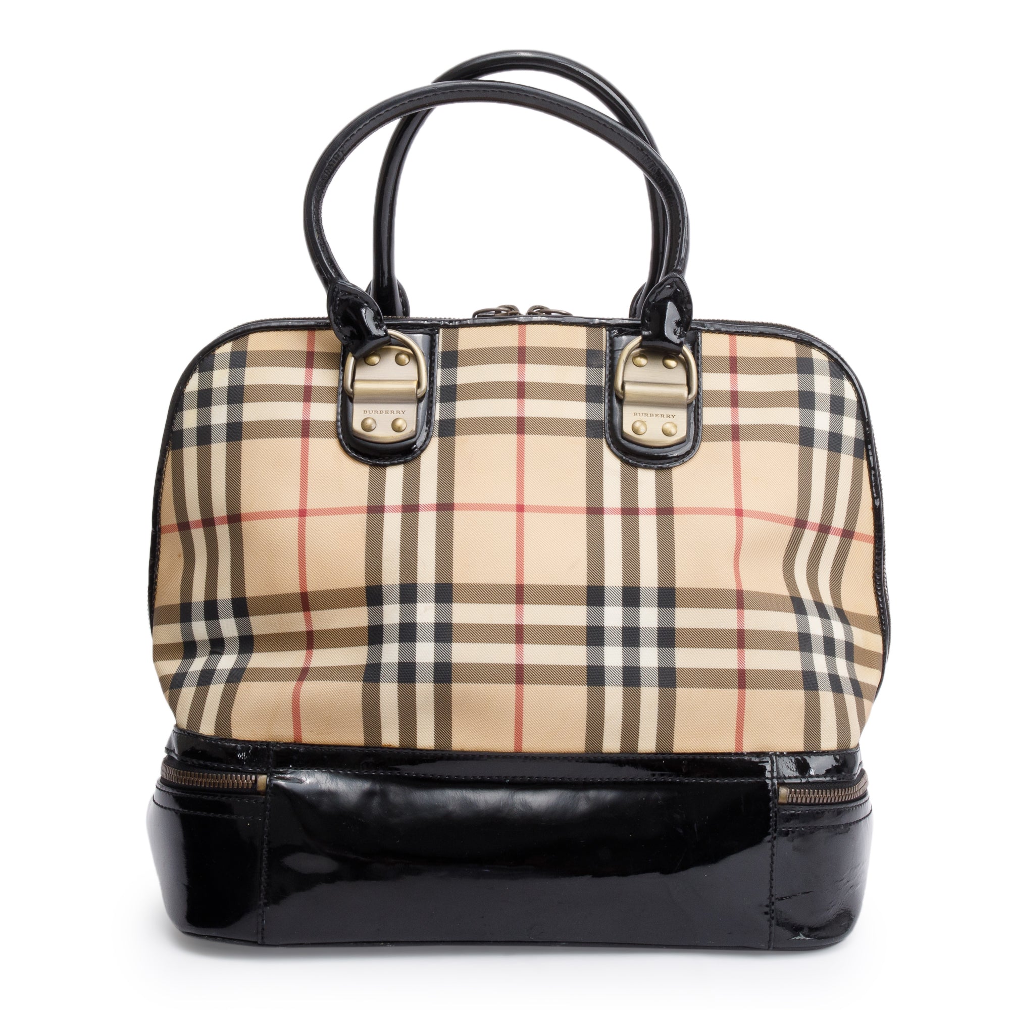 Burberry Vintage Check Black Patent Leather Trim Handle Bag