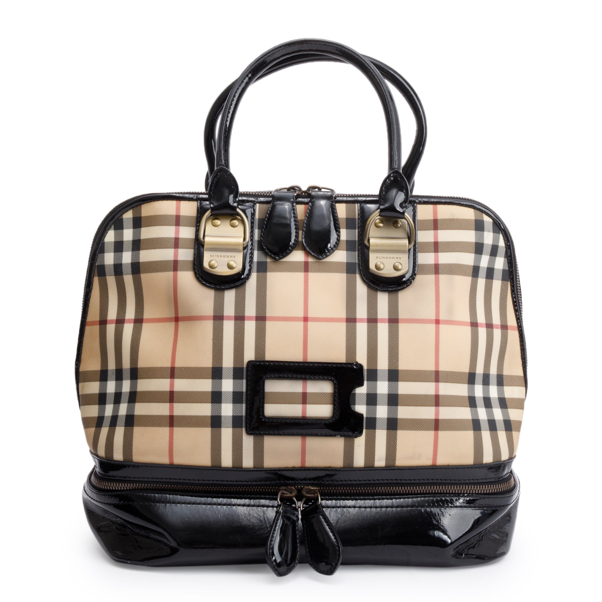 Burberry Vintage Check Black Patent Leather Trim Handle Bag