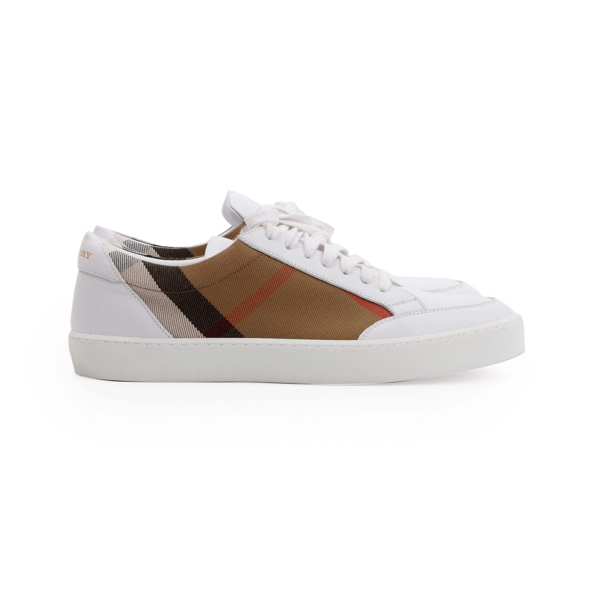 Burberry White House Check and Leather Low Top Sneakers, Size 41 w/ Box