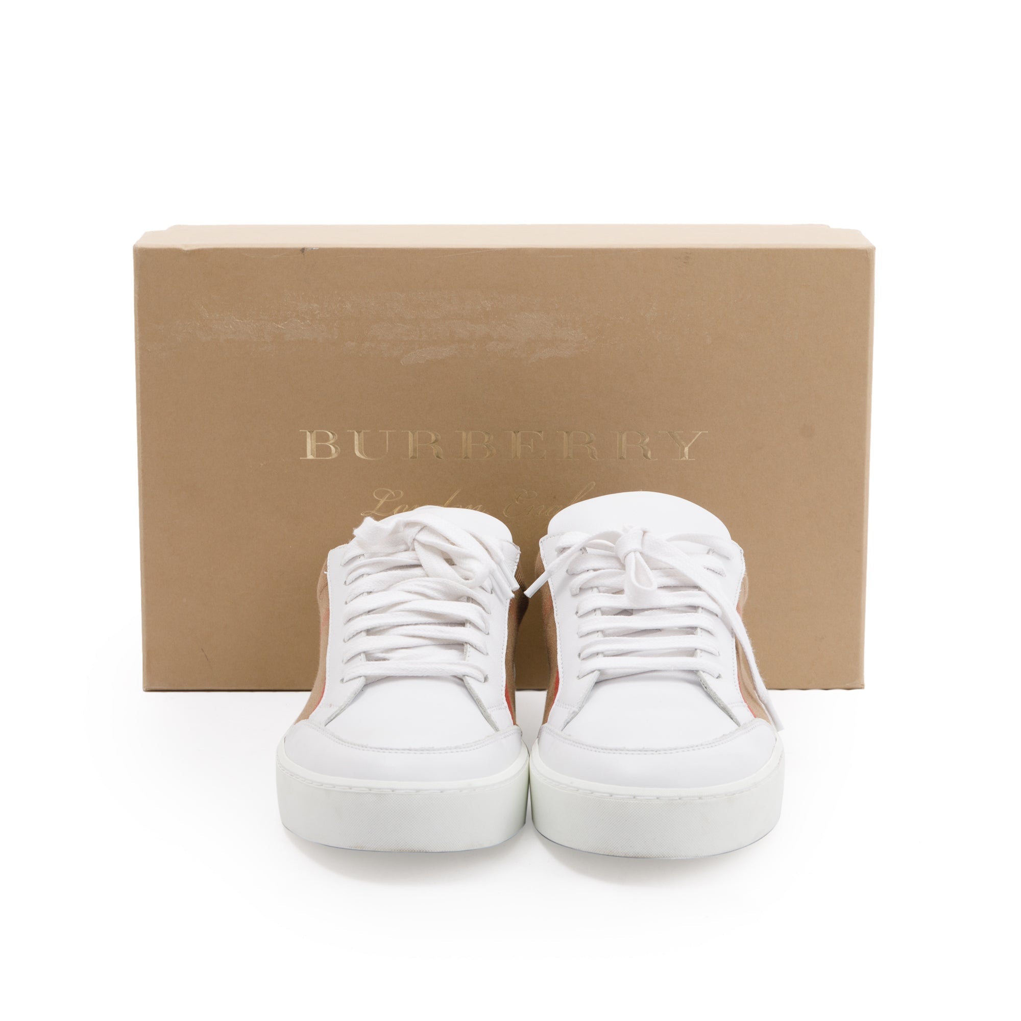 Burberry White House Check and Leather Low Top Sneakers, Size 41 w/ Box