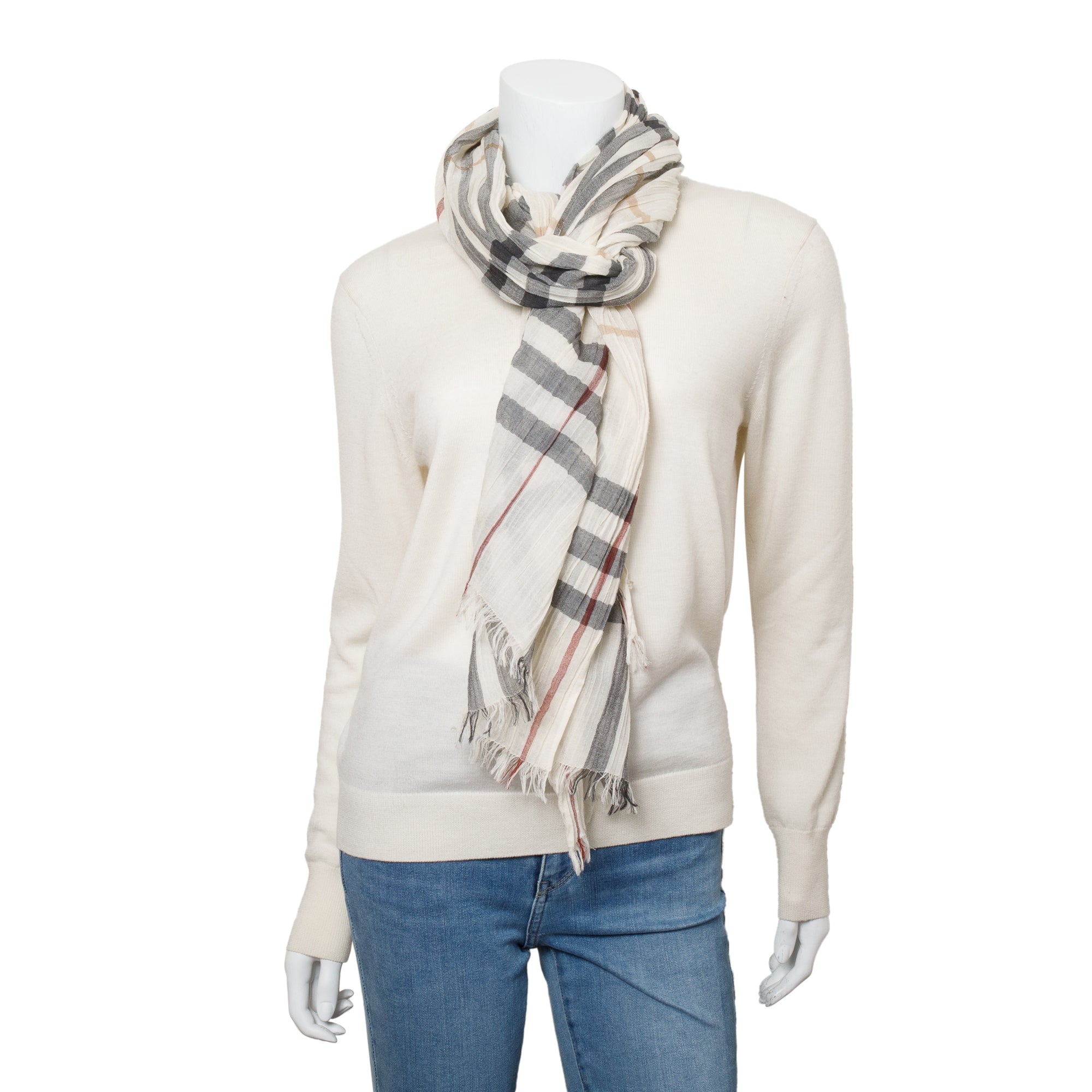 Burberry White Multicolor House Check Silk Wool Scarf