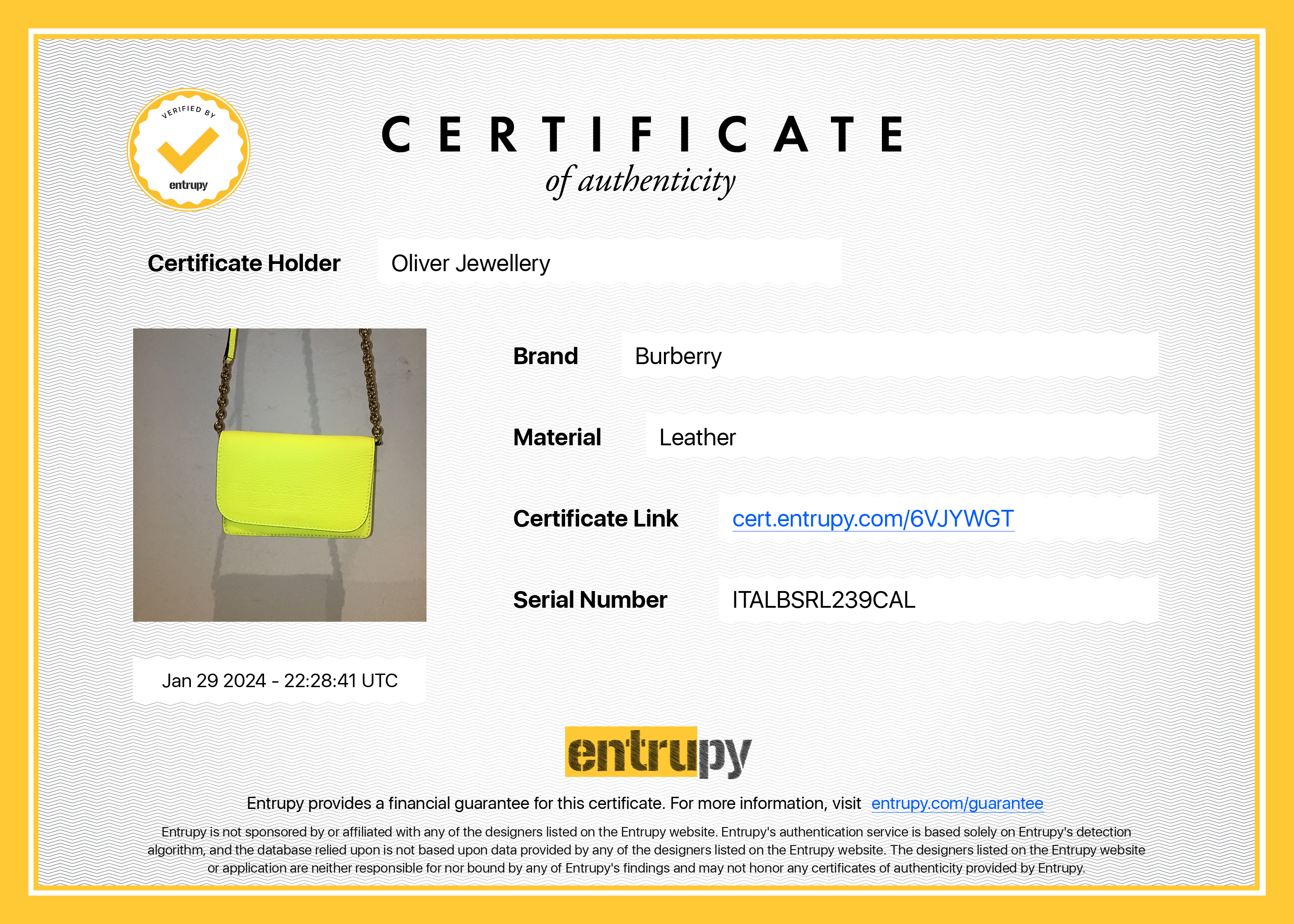 Burberry Yellow Leather Hampshire Crossbody Bag