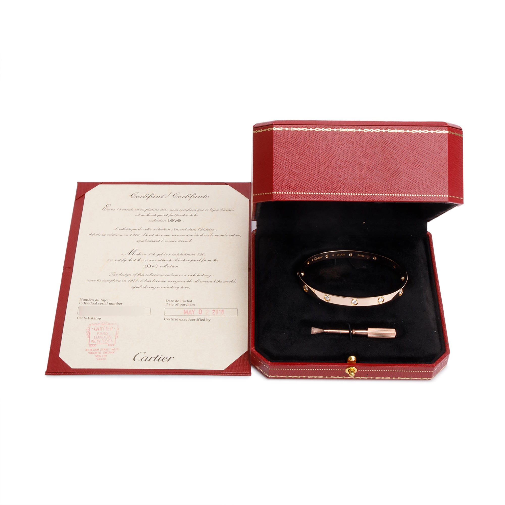 Cartier 18k Rose Gold 10 Diamond Love Bracelet, Size 19 w/ Box & Certificate