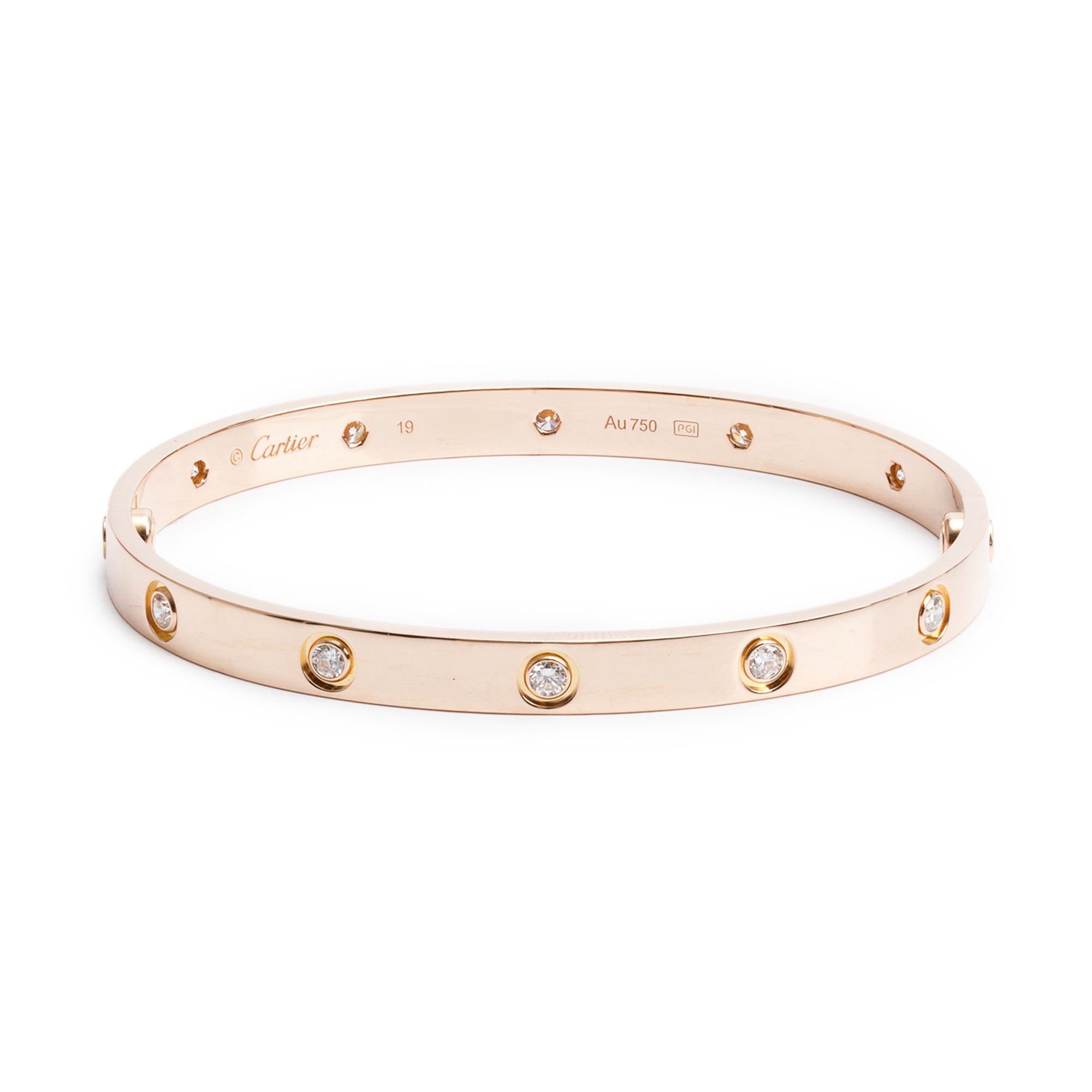 Cartier 18k Rose Gold 10 Diamond Love Bracelet, Size 19 w/ Box & Certificate