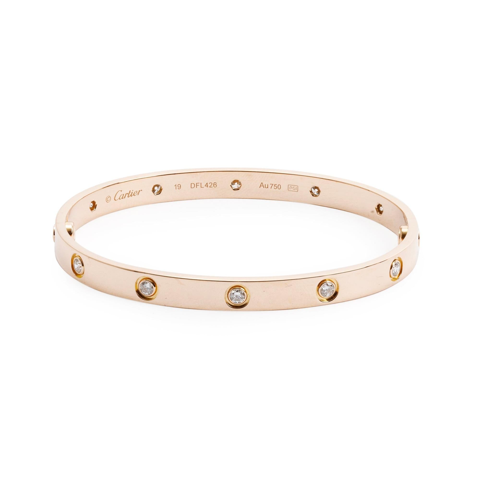 Cartier 18k Rose Gold 10 Diamond Love Bracelet, Size 19 w/ Certificate