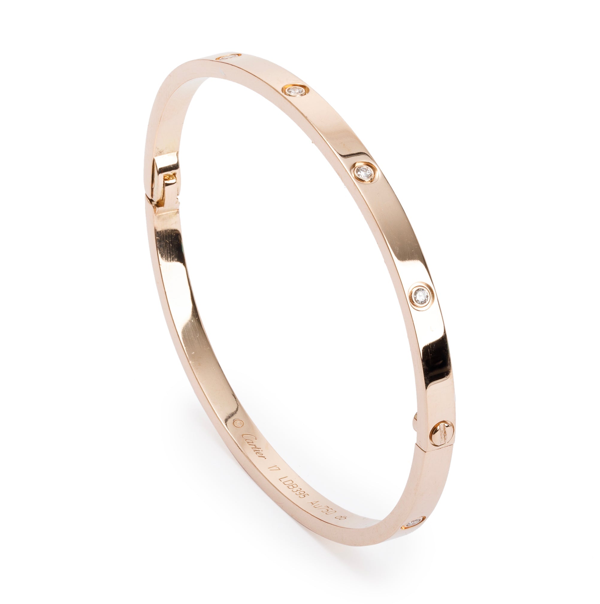 Cartier 18k Rose Gold 10 Diamond Love Bracelet, Small Model Size 17 w/ Box & Certificate