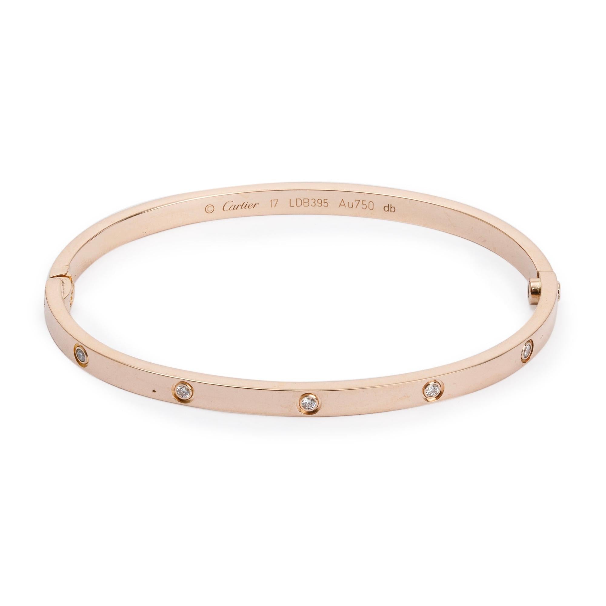 Cartier 18k Rose Gold 10 Diamond Love Bracelet, Small Model Size 17 w/ Box & Certificate