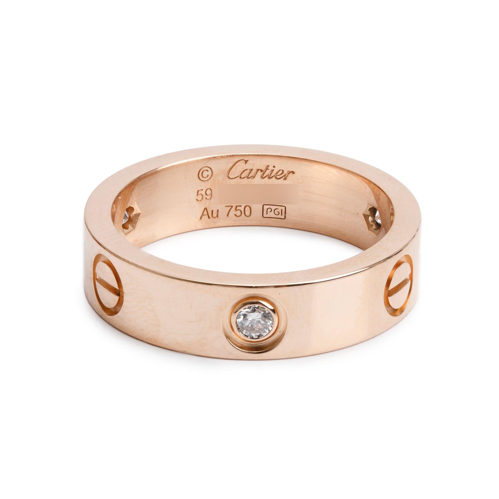 Cartier 18k Rose Gold 3 Diamond Love Ring, Size 59 8.75 w/ Box