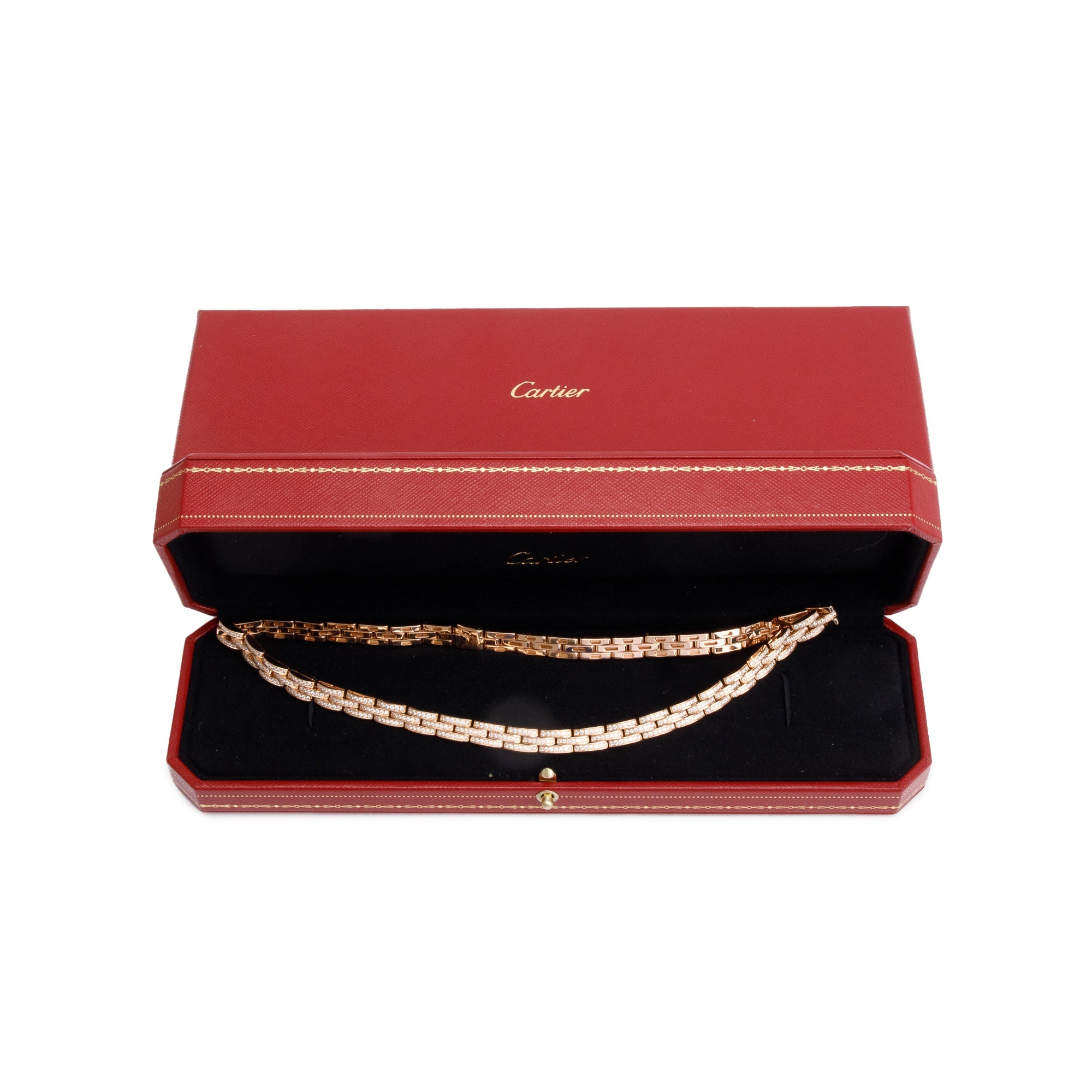 Cartier 18k Rose Gold 3-Row Pave Diamond Maillon Panthere Necklace w/ Box