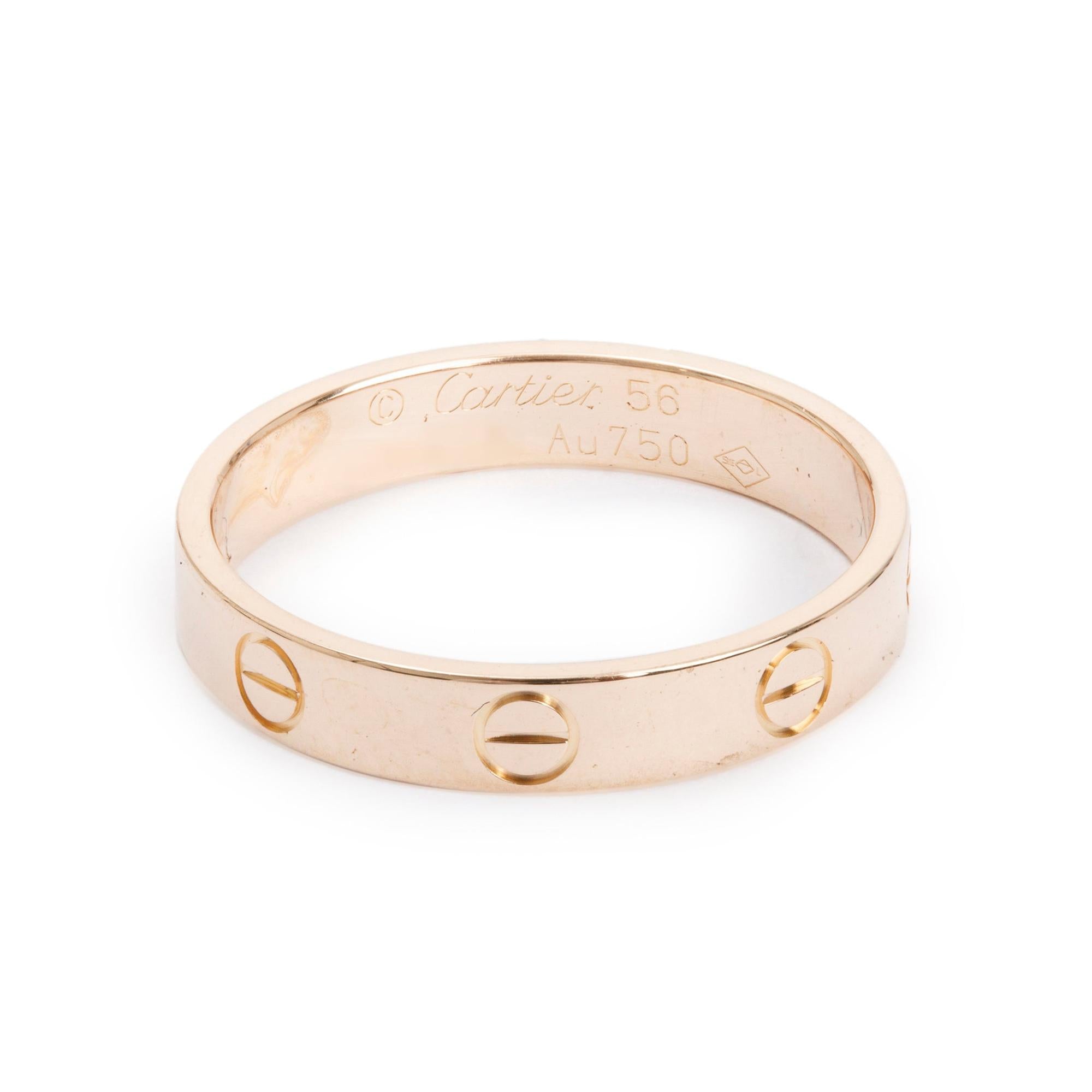 Cartier 18k Rose Gold 3.6 mm Love Wedding Band Ring, Size 56 7.75 w/ Box & Receipt