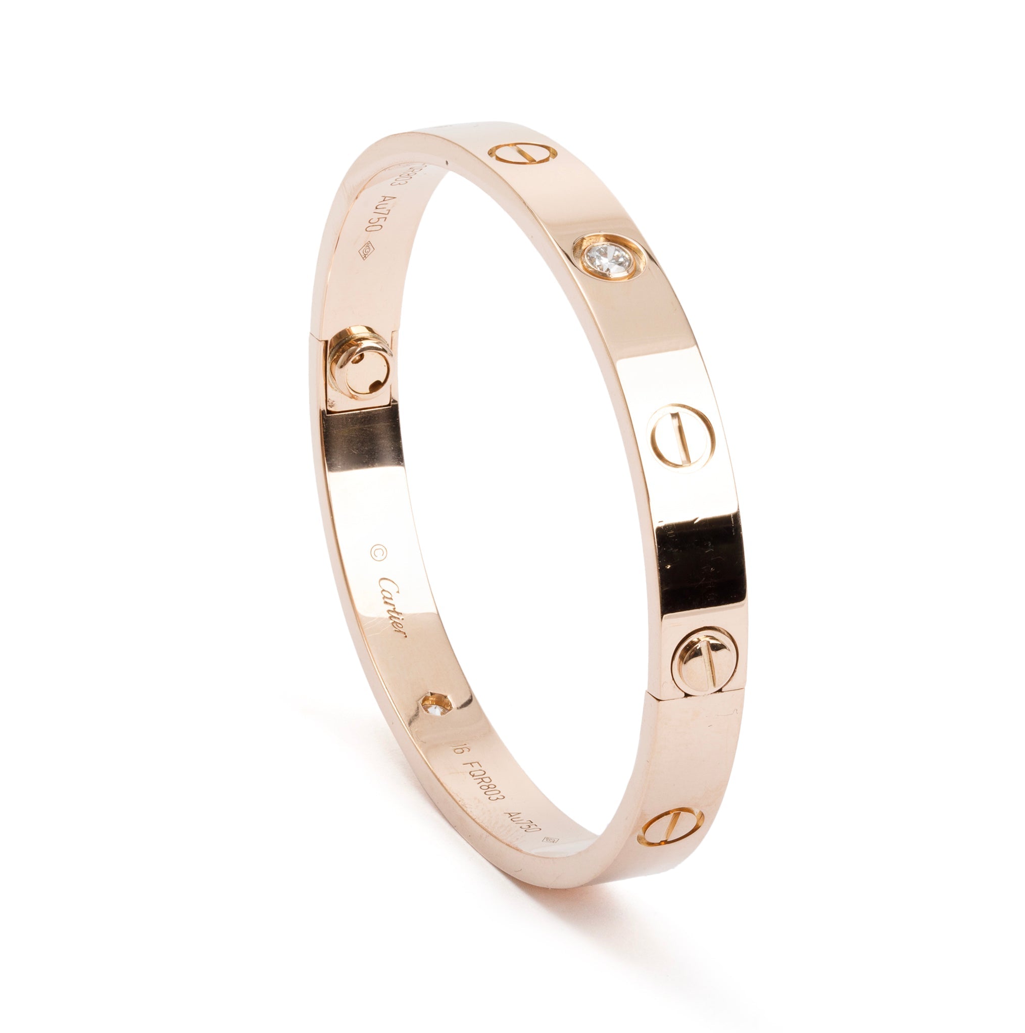Cartier 18k Rose Gold 4 Diamond Love Bracelet, Size 16 w/ Box & Receipt