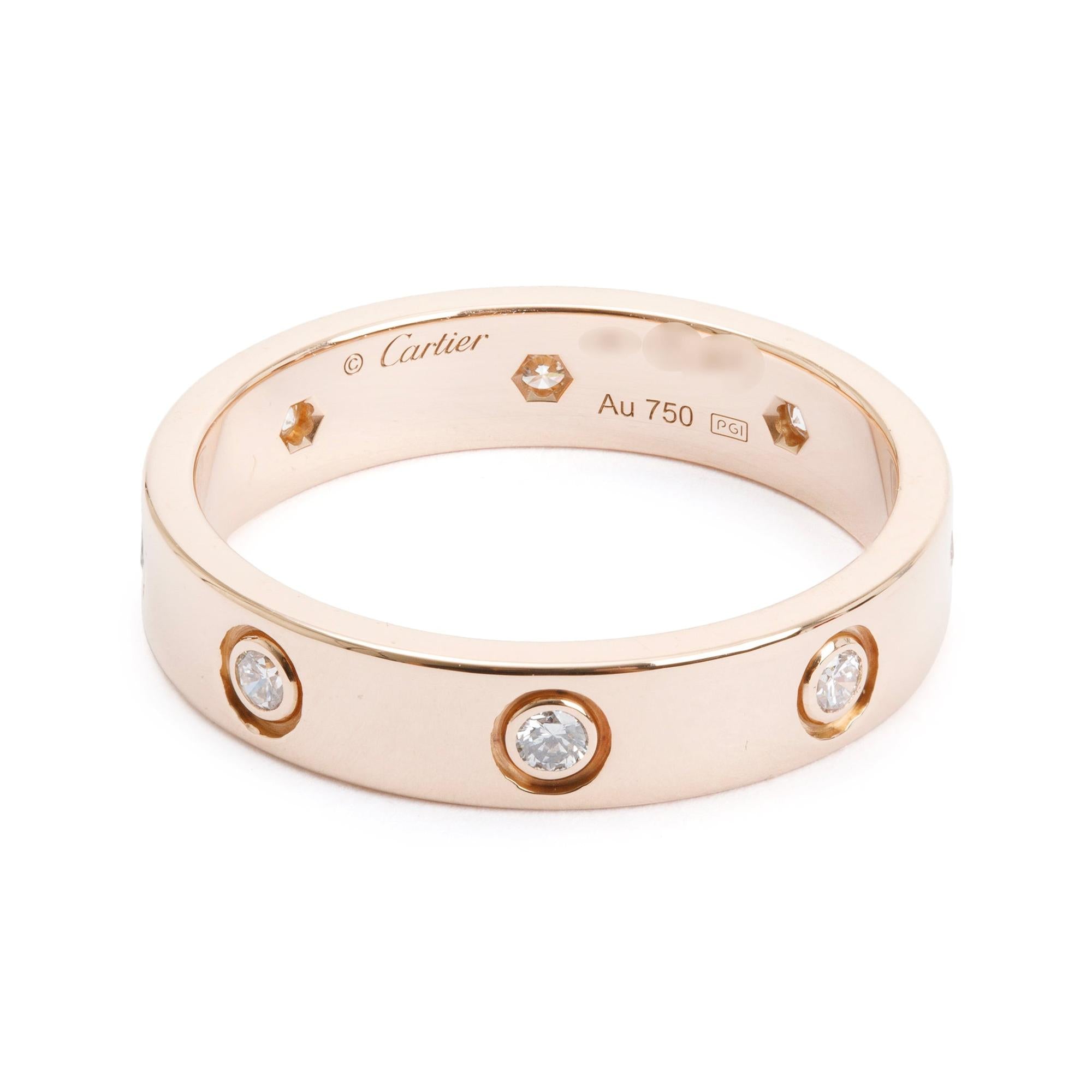 Cartier 18k Rose Gold 4 MM 8 Diamond Love Wedding Band Ring, Size 53 6.5 w/ Box, Certificate & Receipt