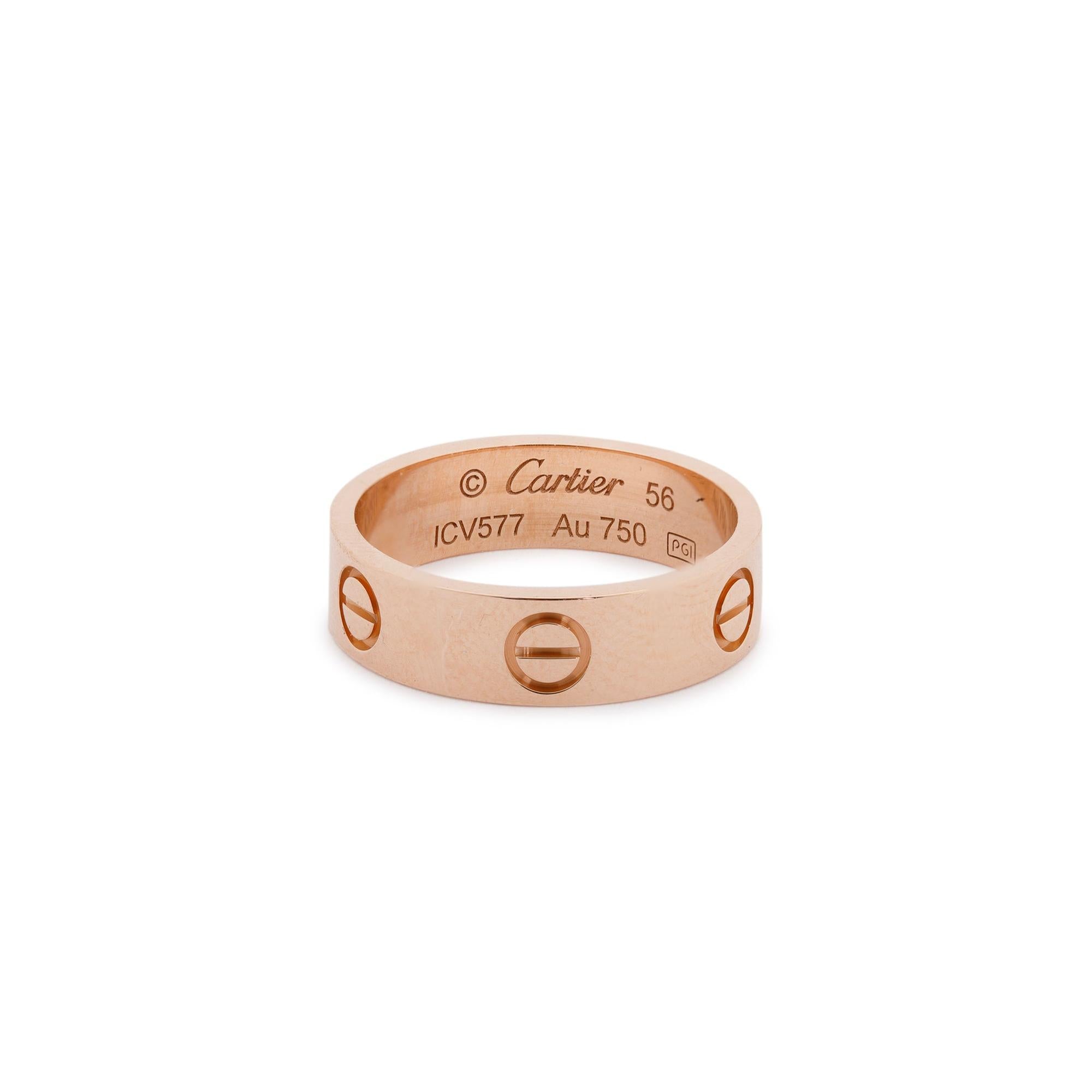 Cartier 18k Rose Gold 5.5 MM Love Ring w/ Box, Certificate & Receipt