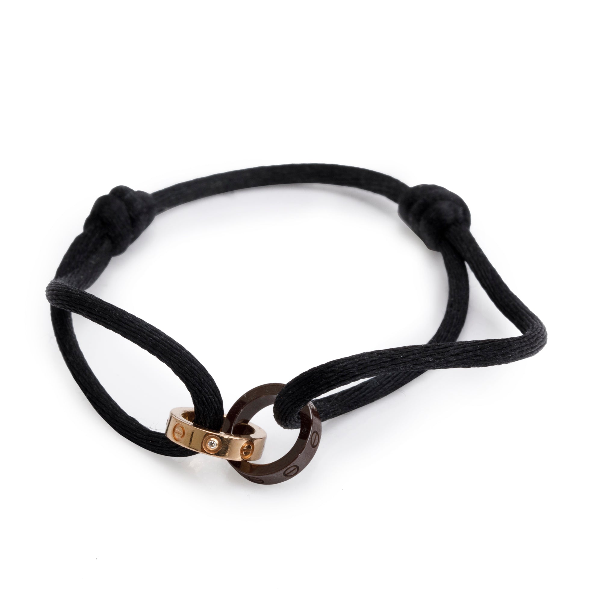 Cartier 18k Rose Gold & Brown Ceramic 4 Diamond Love Cord Bracelet w/ Box & Authenticity Card