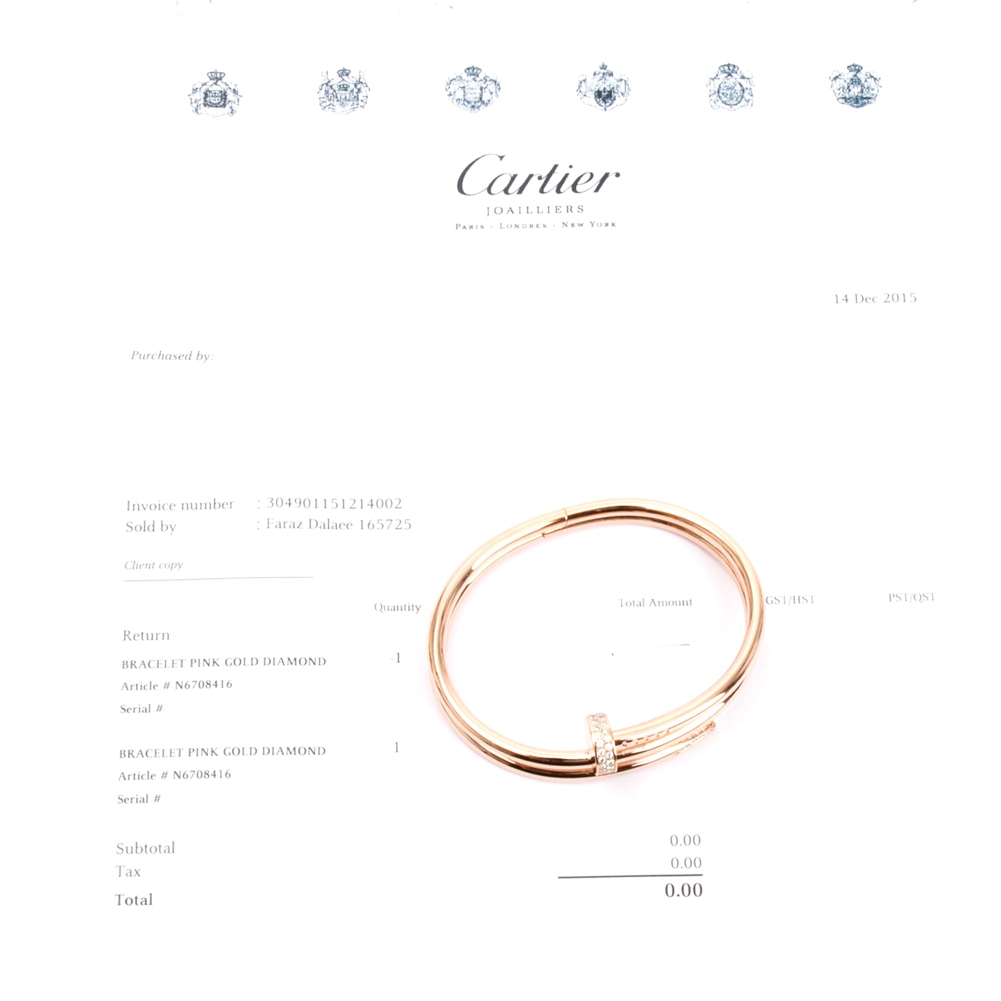 Cartier 18k Rose Gold Diamond Juste Un Clou Bracelet, Size 16 w/ Receipt