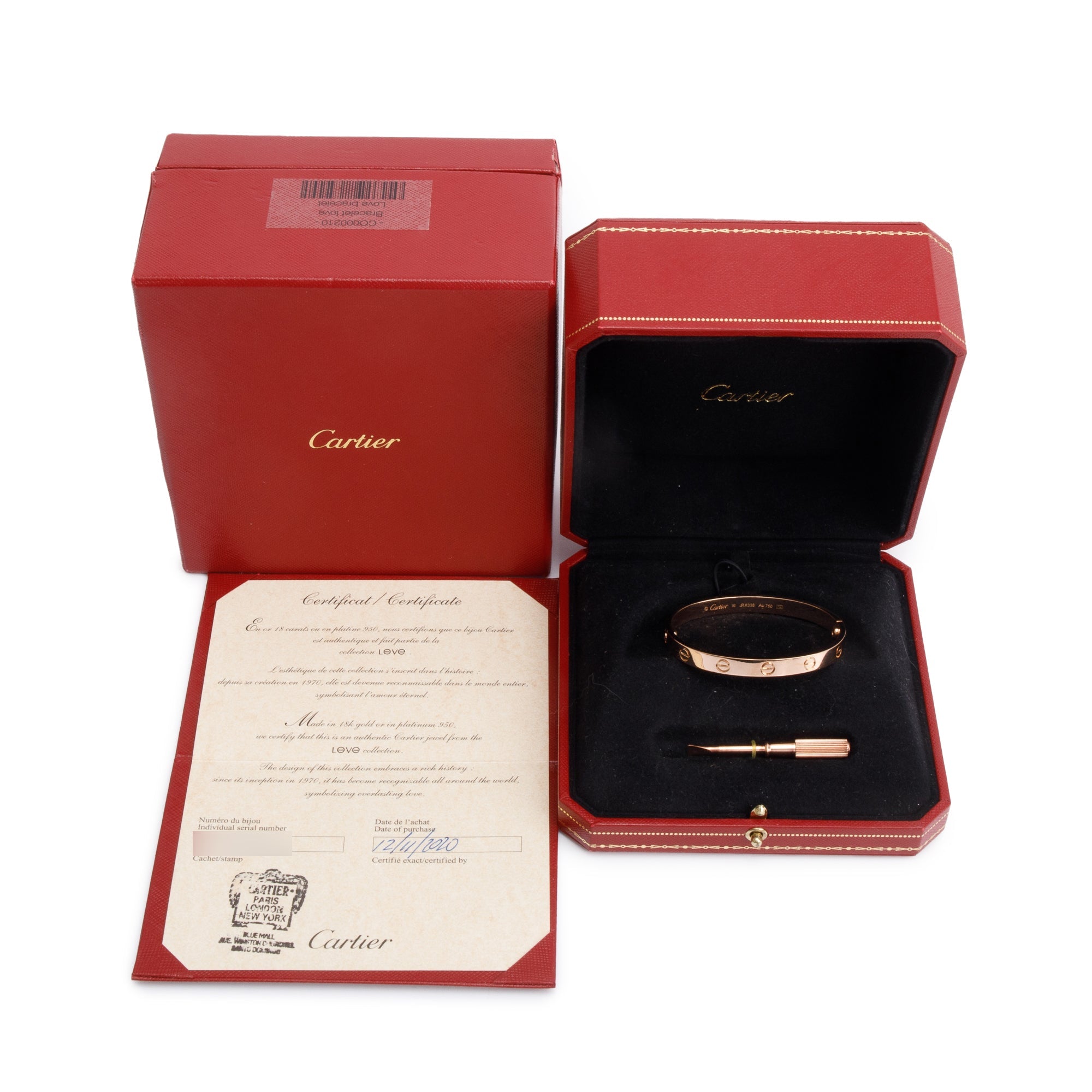 Cartier 18k Rose Gold Love Bracelet, Size 16 w/ Box & Certificate