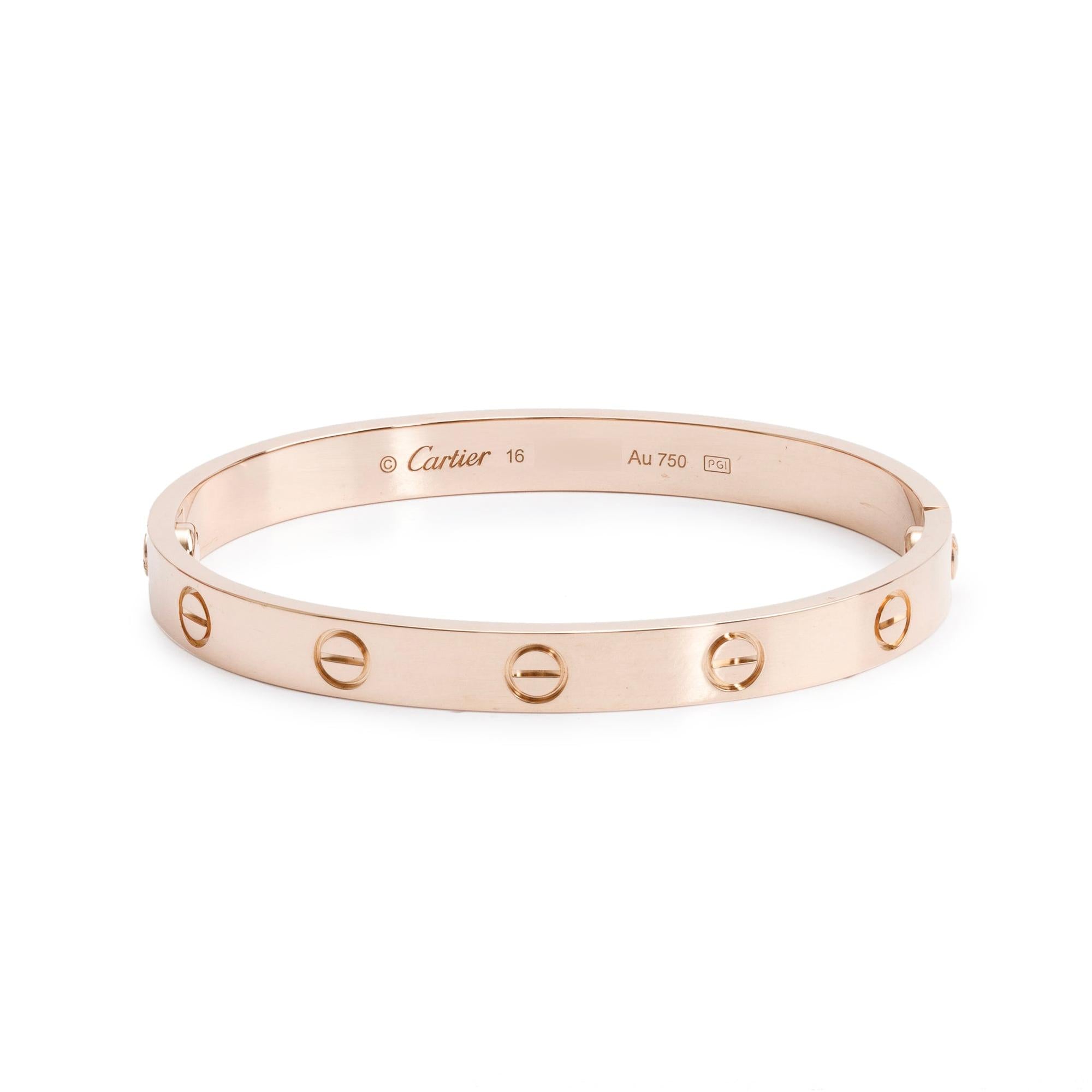 Cartier 18k Rose Gold Love Bracelet, Size 16 w/ Box & Certificate
