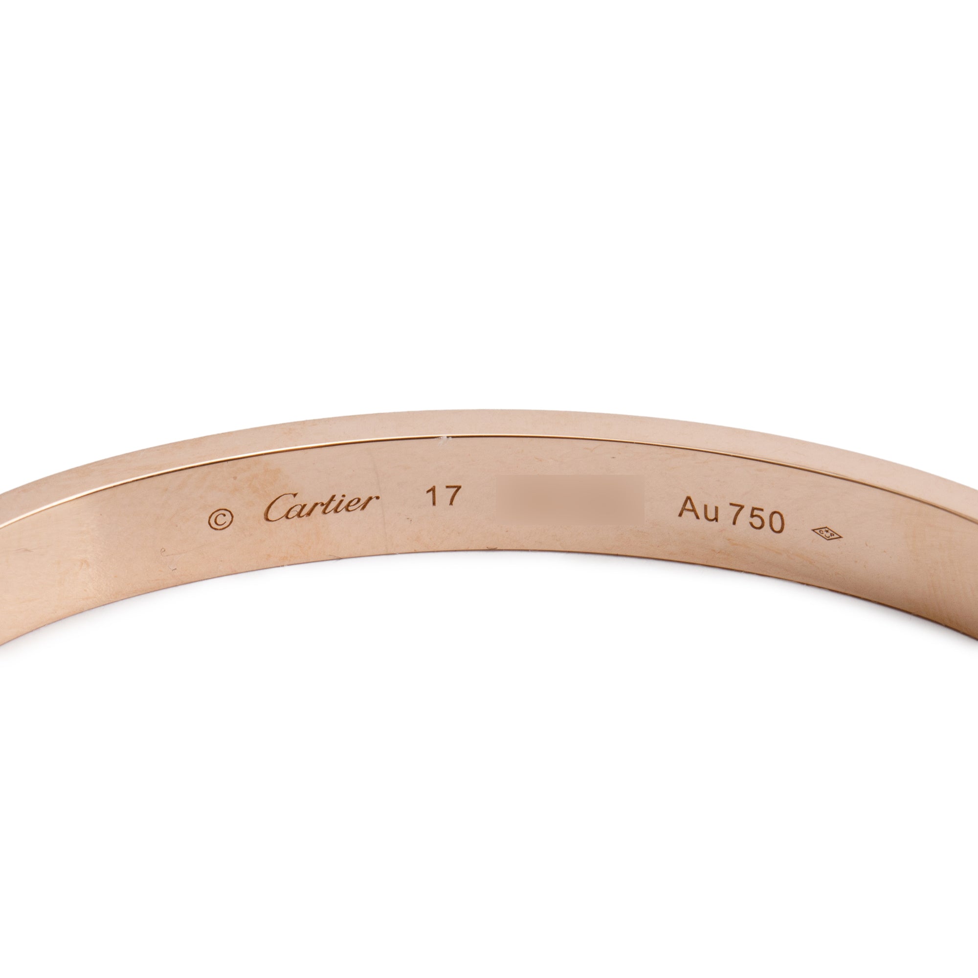 Cartier 18k Rose Gold Love Bracelet, Size 17 w/ Box, Receipt & Certificate
