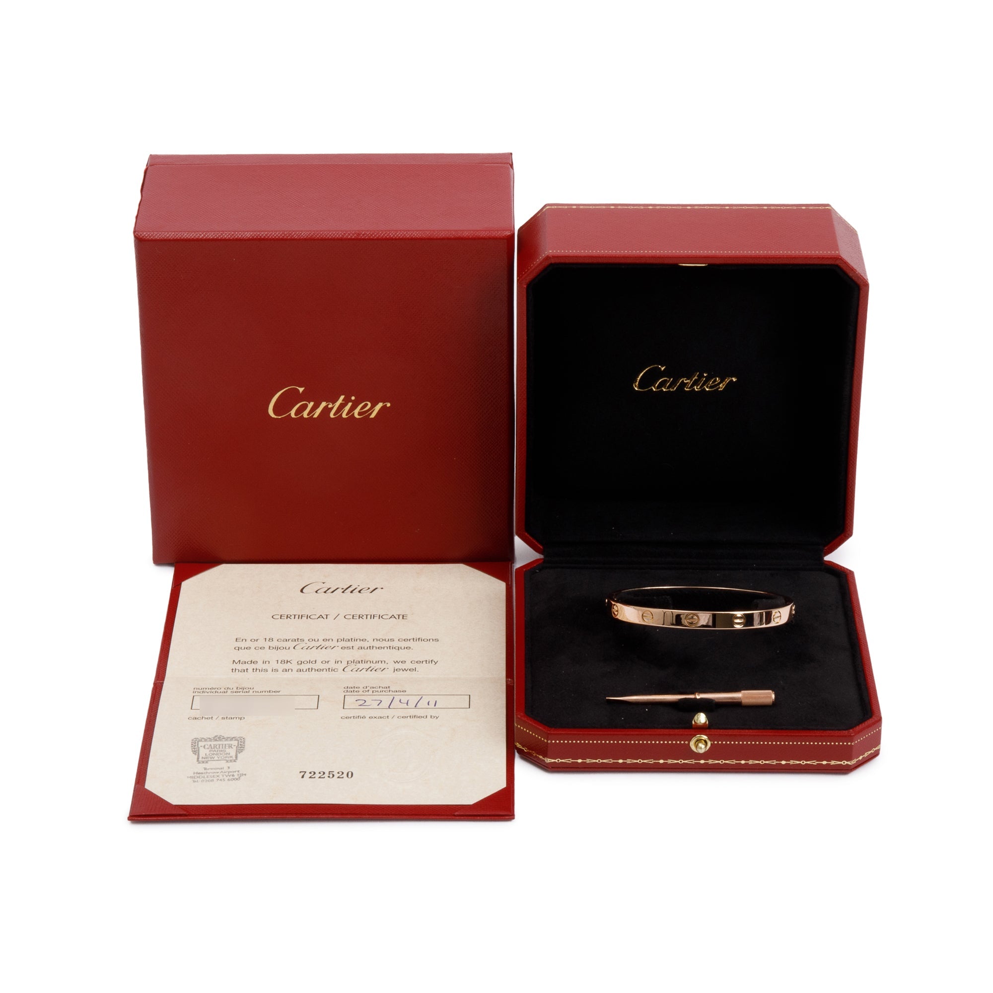 Cartier 18k Rose Gold Love Bracelet, Size 18 w/ Box & Certificate
