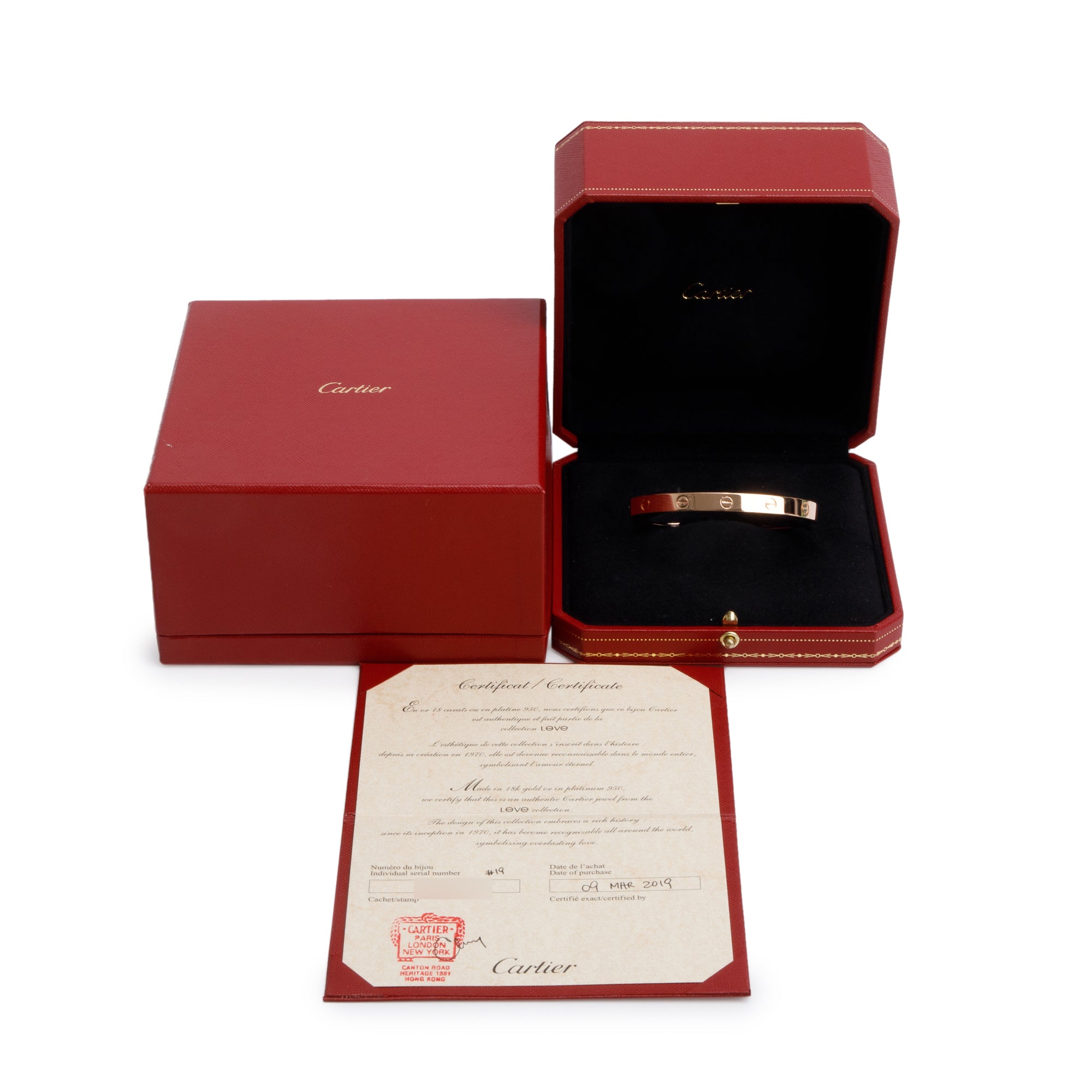 Cartier 18k Rose Gold Love Cuff, Size 19 w/ Box & Certificate