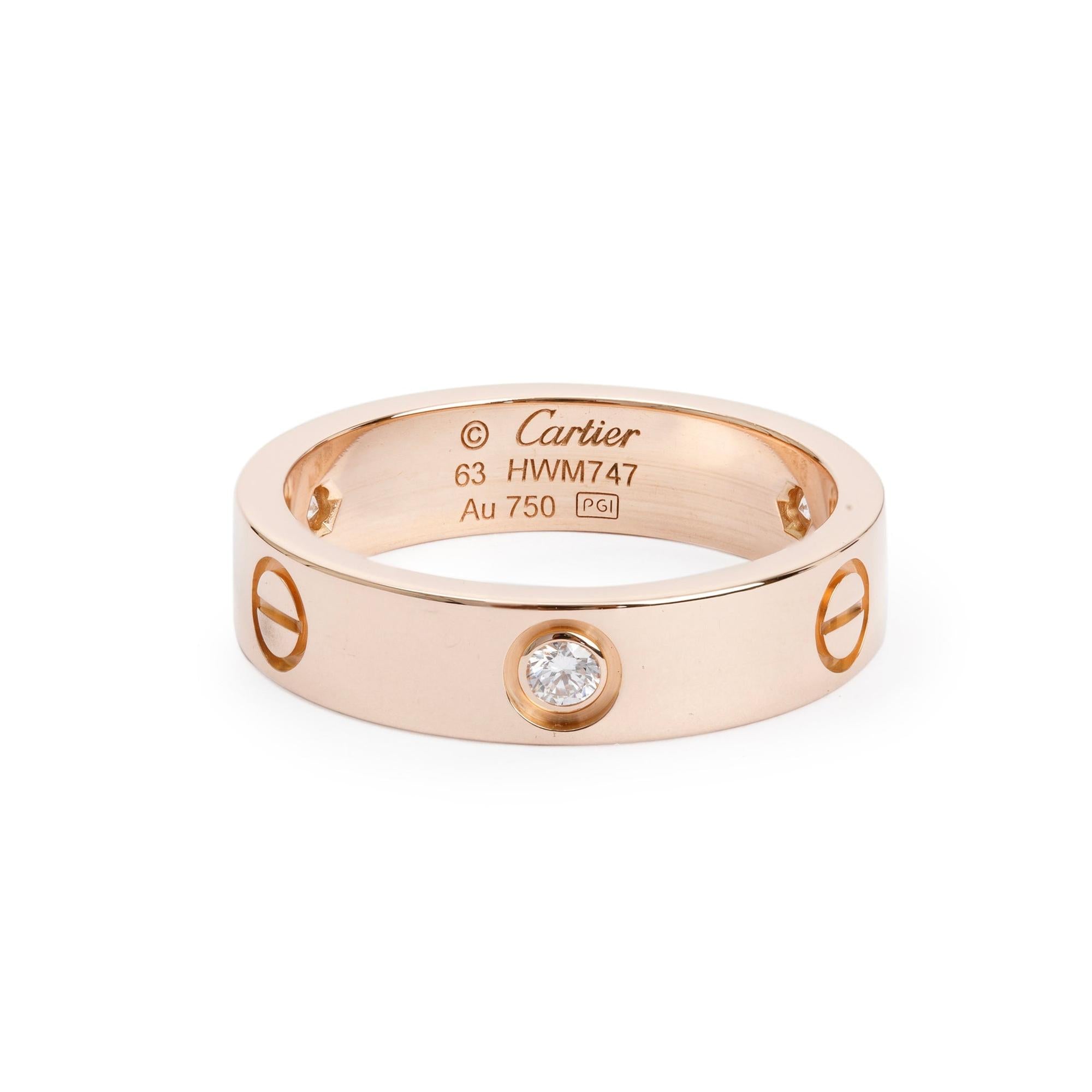 Cartier 18k Rose Gold Love Ring with 3 Diamonds, Size 63
