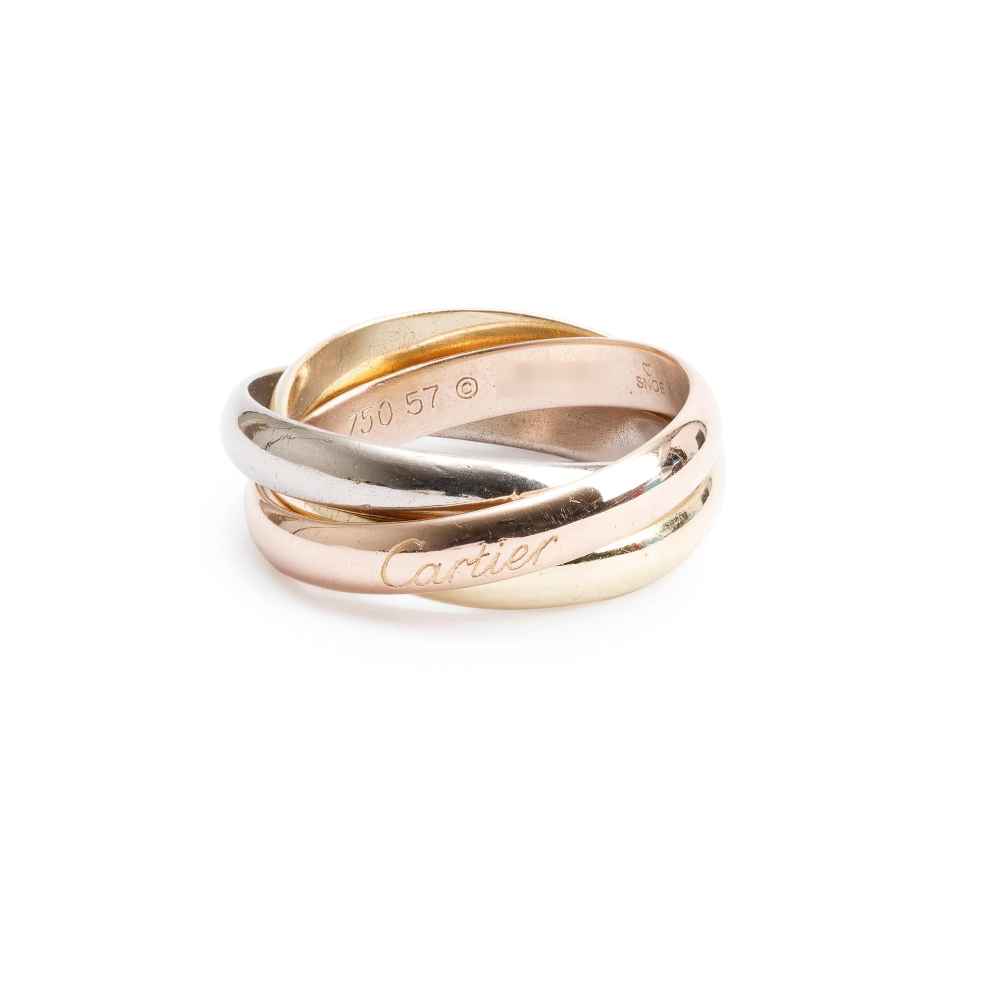 Cartier 18k Tri-Gold Classic Trinity Rolling Ring, Size 57 8 w/ Box
