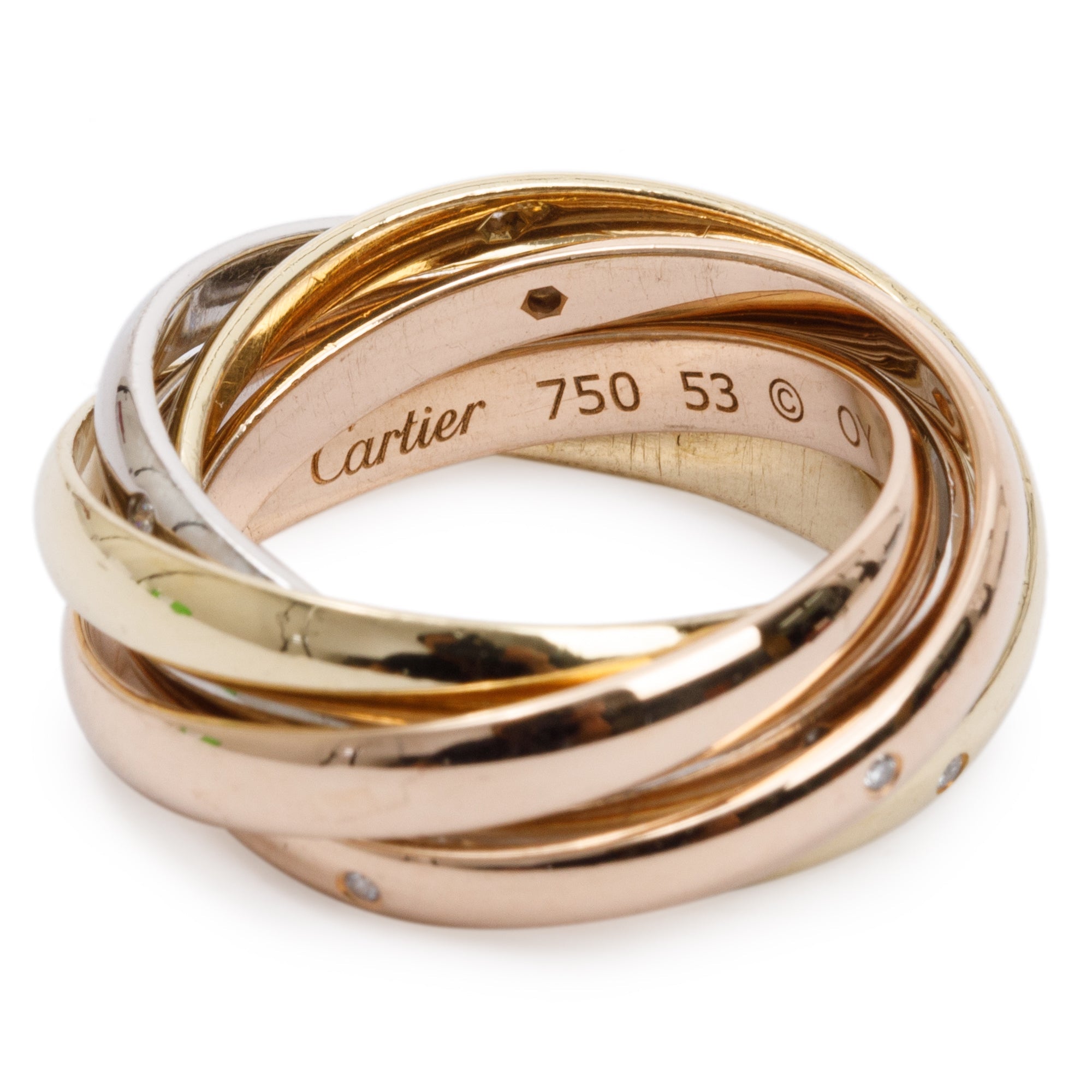 Cartier 18k Tri-Gold Diamond 6-Band Trinity Rolling Ring 53 6.5 w/ Box