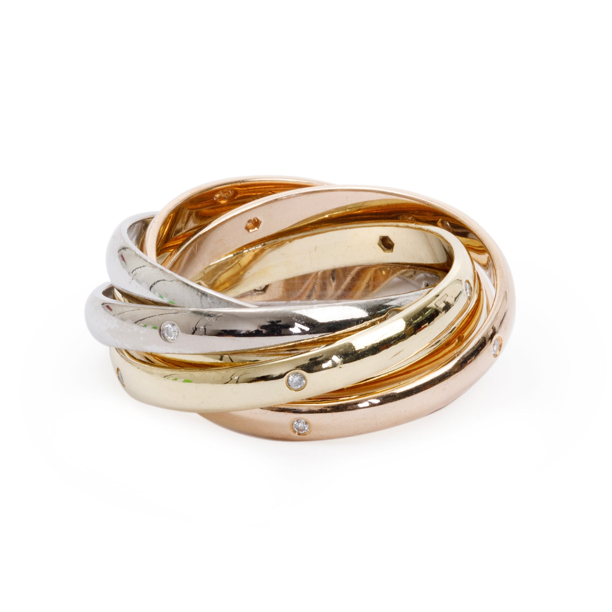 Cartier 18k Tri-Gold Diamond 6-Band Trinity Rolling Ring 53 6.5 w/ Box
