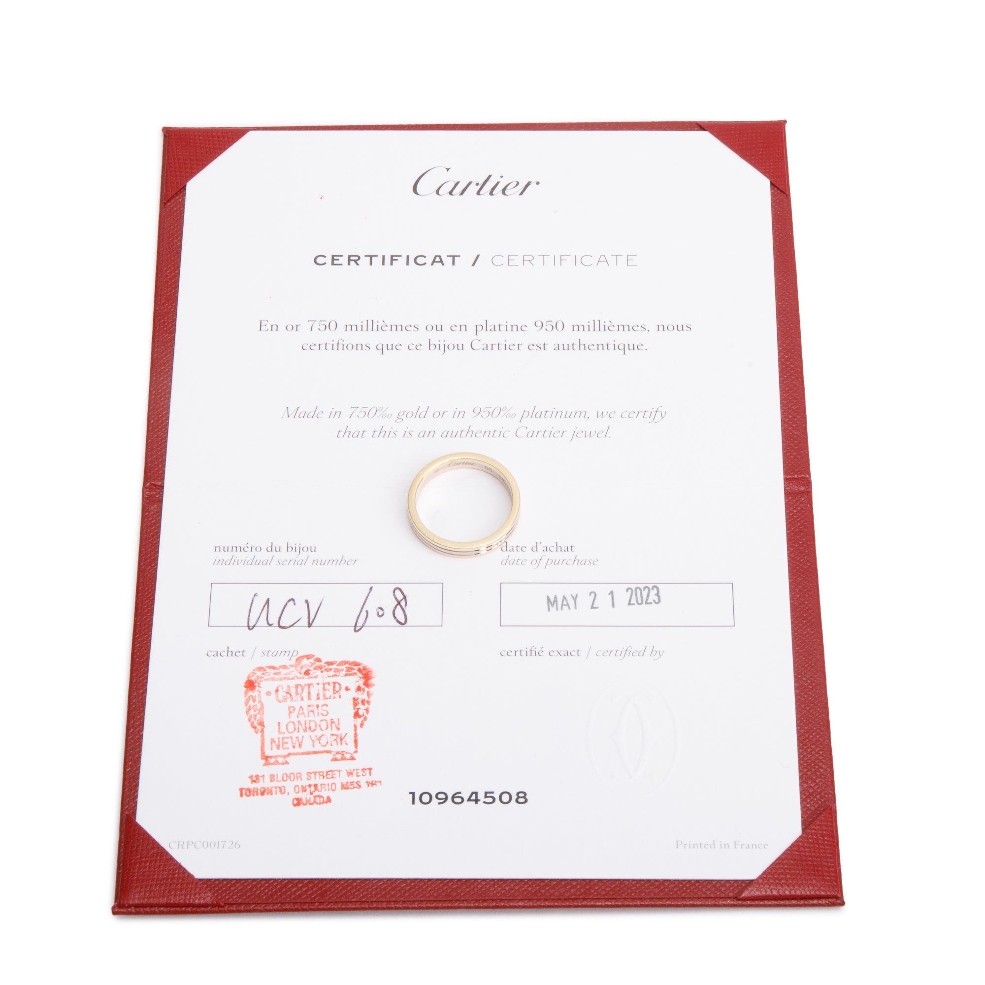 Cartier 18k Tri-Gold Vendome Louis Cartier 3.5 MM Wedding Band Ring, Size 55 7.25 w/ Certificate & Receipt