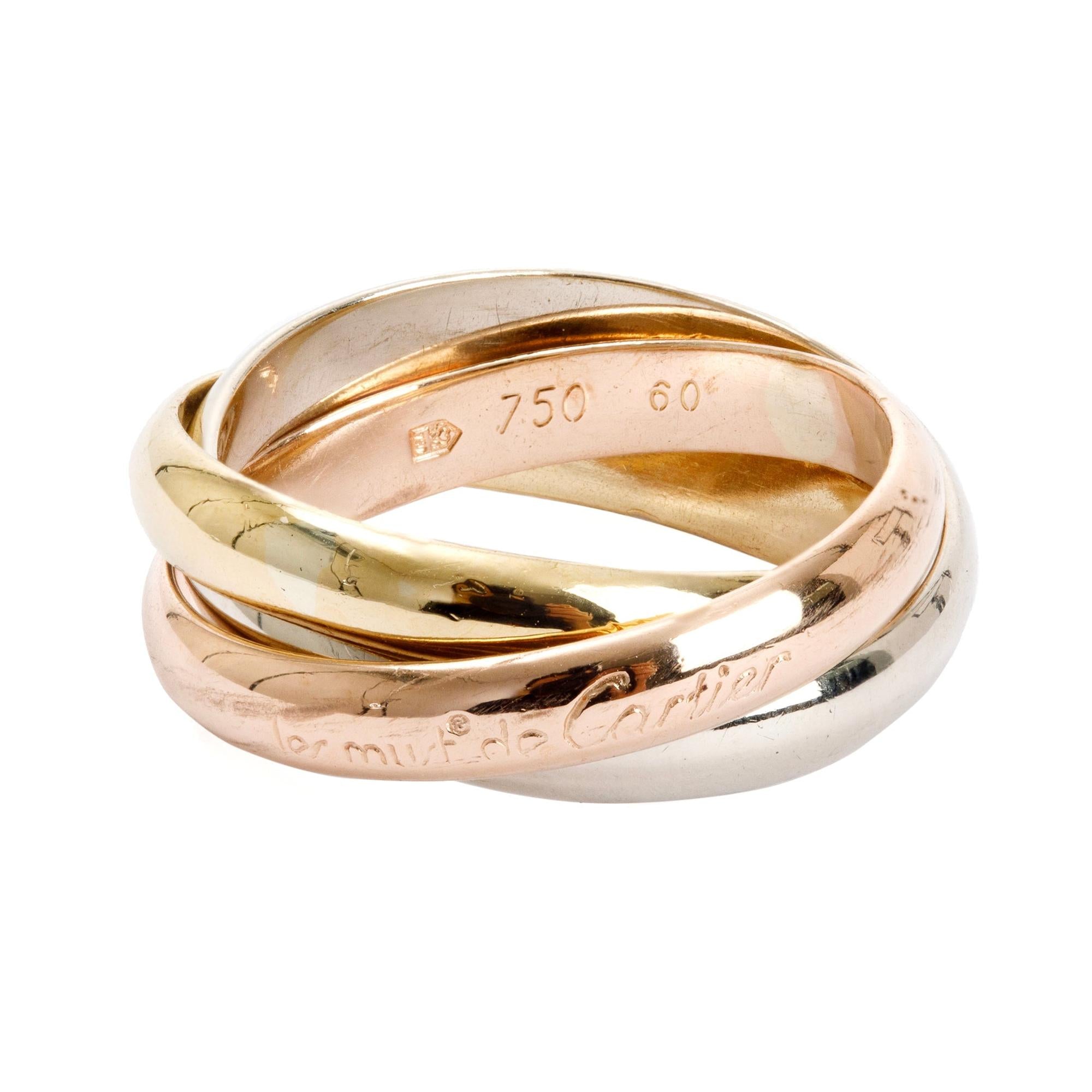 Cartier 18k Tri-Gold Vintage Le must de Cartier Trinity Rolling Ring, Size 60 7.5
