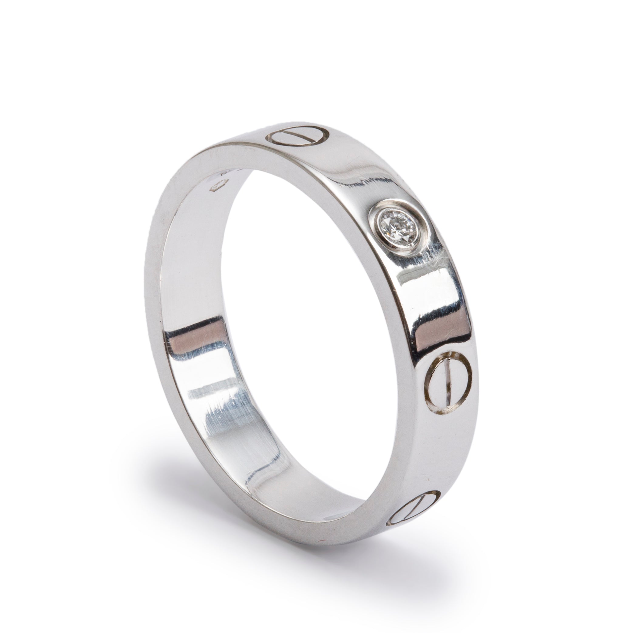 Cartier 18k White Gold 1 Diamond 4 MM Love Wedding Band Ring, Size 51 5.75 w/ Certificate