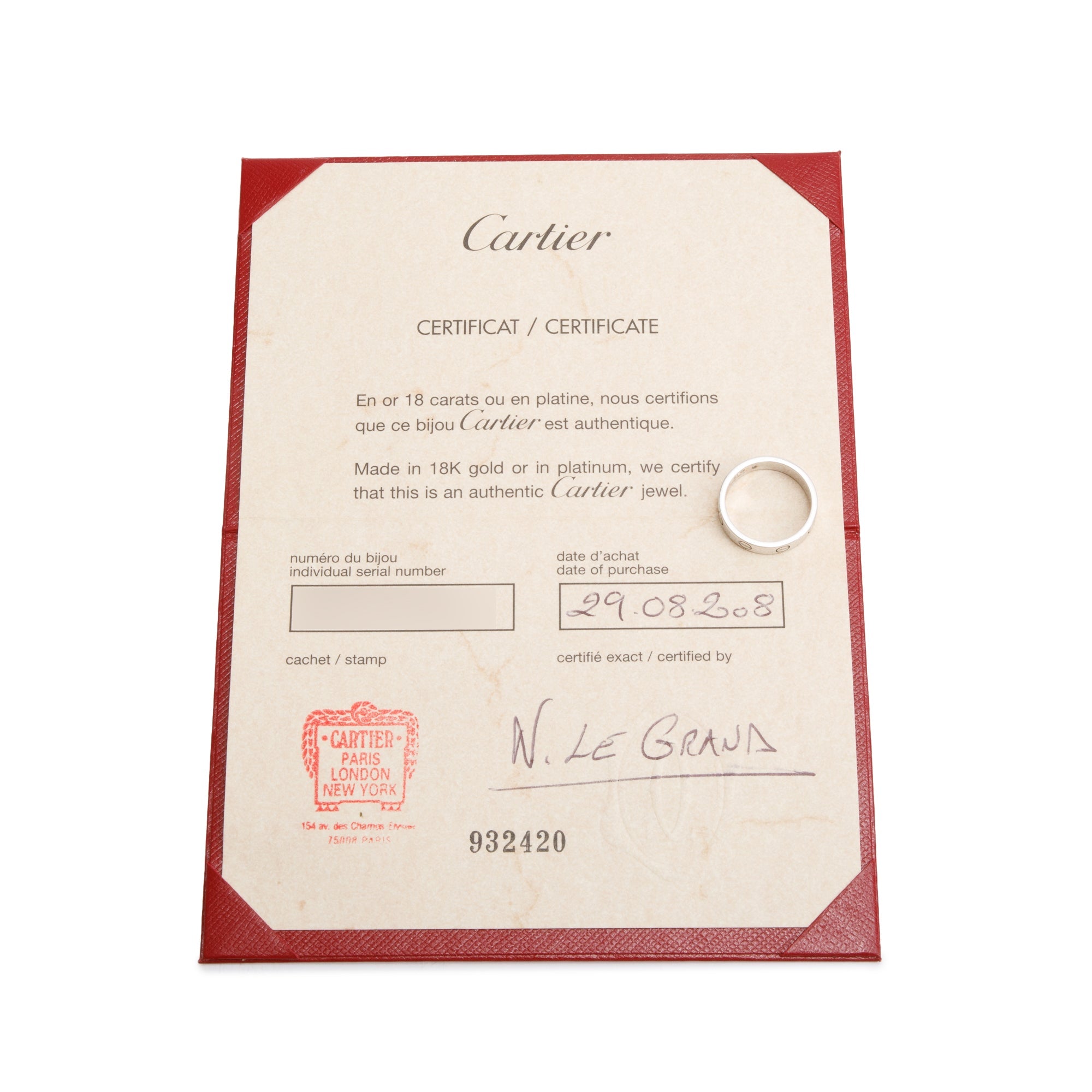 Cartier 18k White Gold 1 Diamond 4 MM Love Wedding Band Ring, Size 51 5.75 w/ Certificate