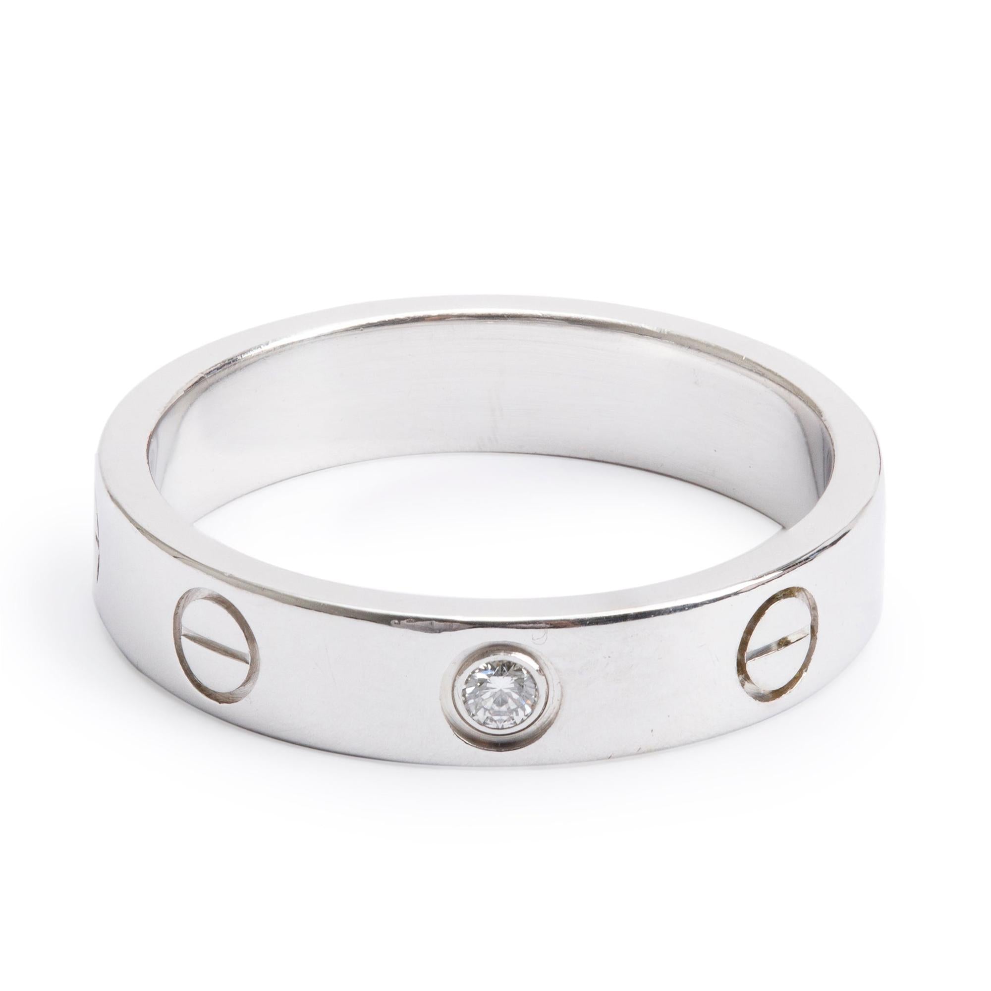 Cartier 18k White Gold 1 Diamond 4 MM Love Wedding Band Ring, Size 51 5.75 w/ Certificate