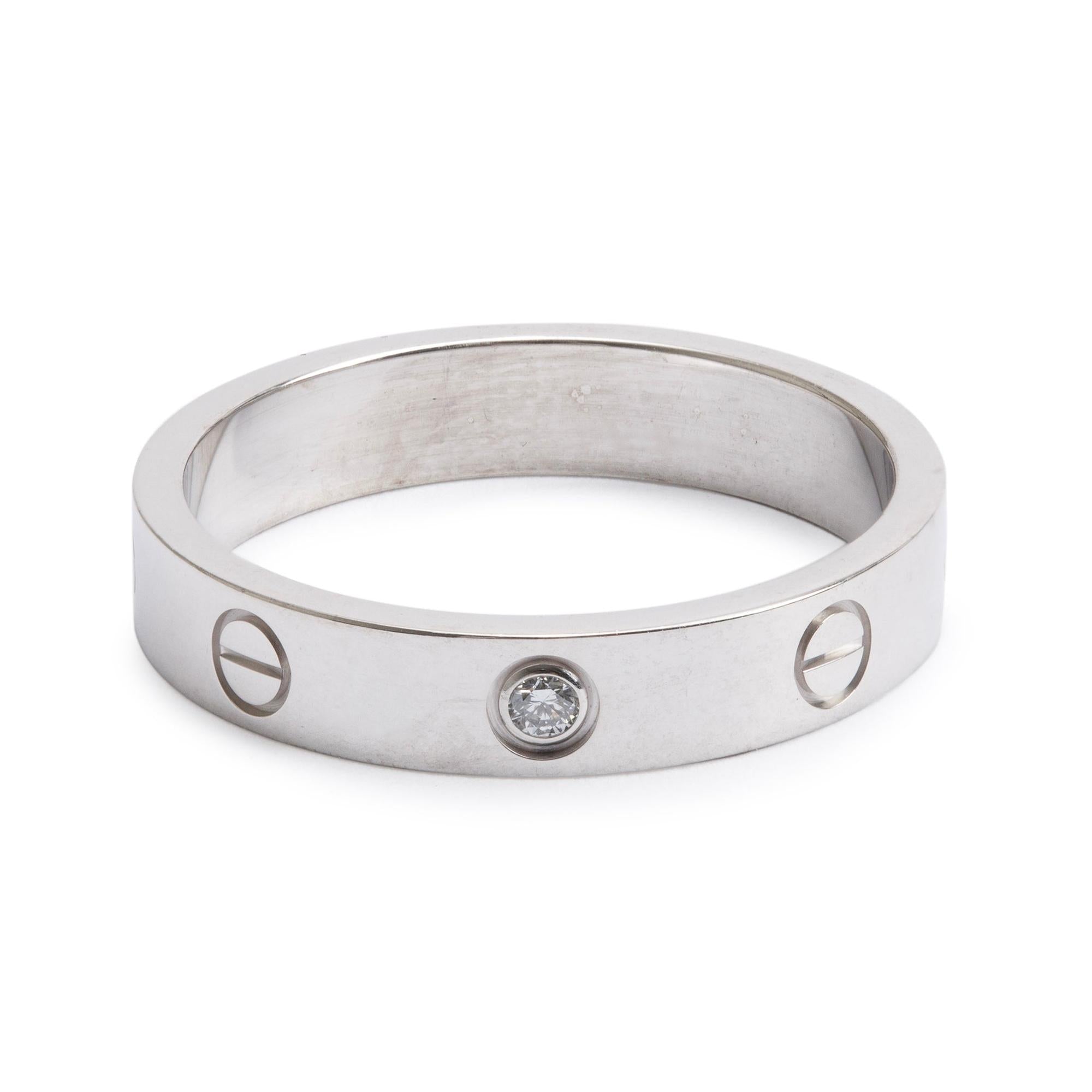 Cartier 18k White Gold 1 Diamond 4 MM Love Wedding Band Ring, Size 58 8.5 w/ Receipt & Certificate