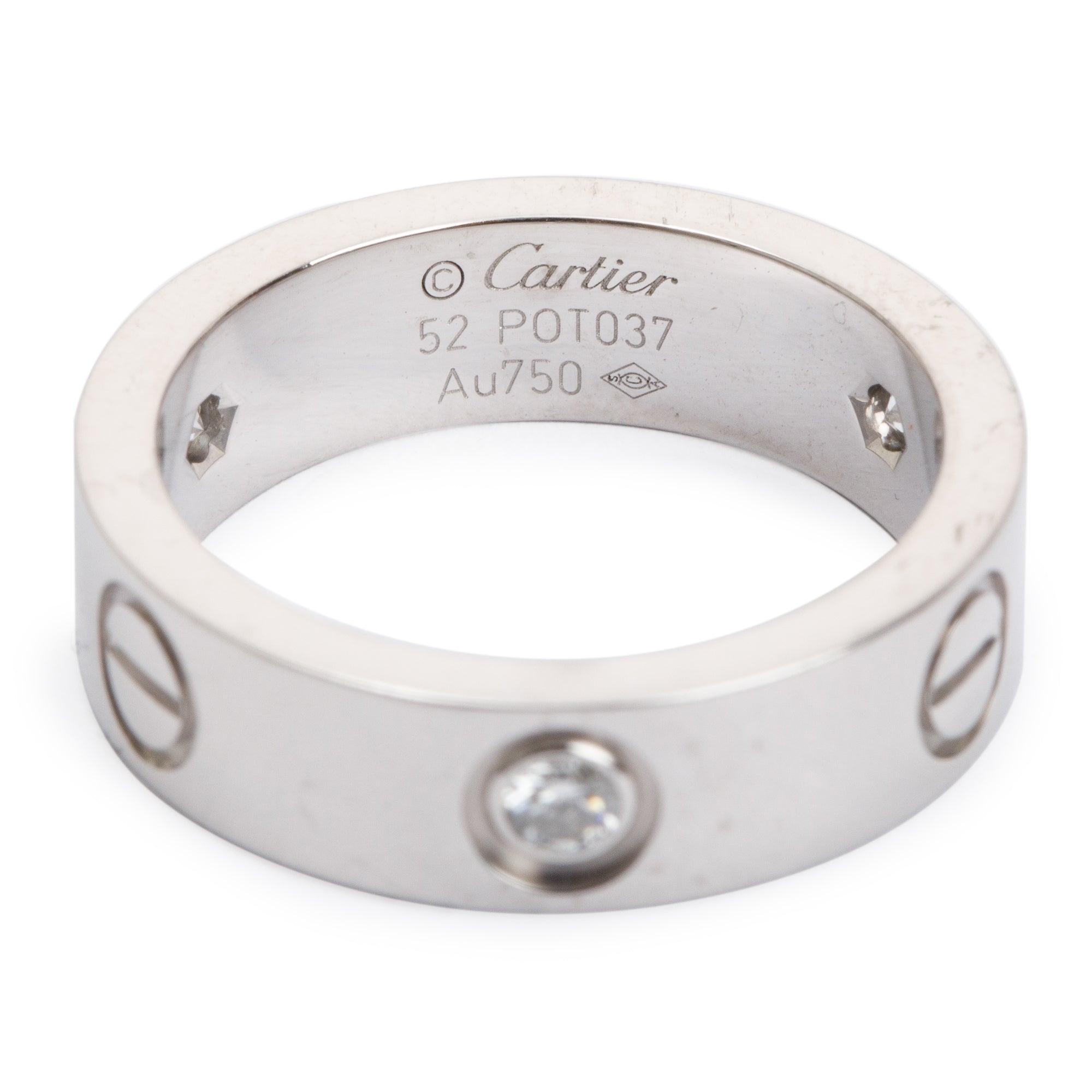 Cartier 18k White Gold 3 Diamond 5.5 MM Love Ring, Size 52 6.25 w/ Box, Receipt & Certificate