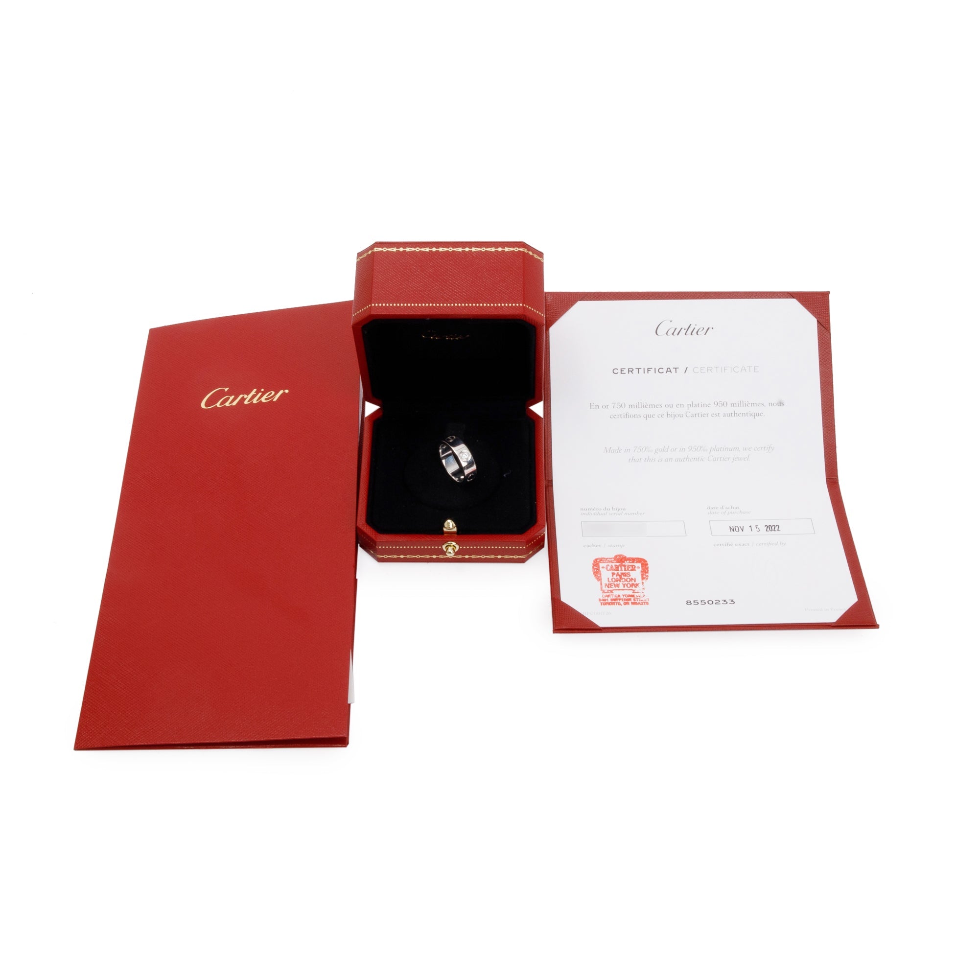 Cartier 18k White Gold 3 Diamond 5.5 MM Love Ring, Size 52 6.25 w/ Box, Receipt & Certificate