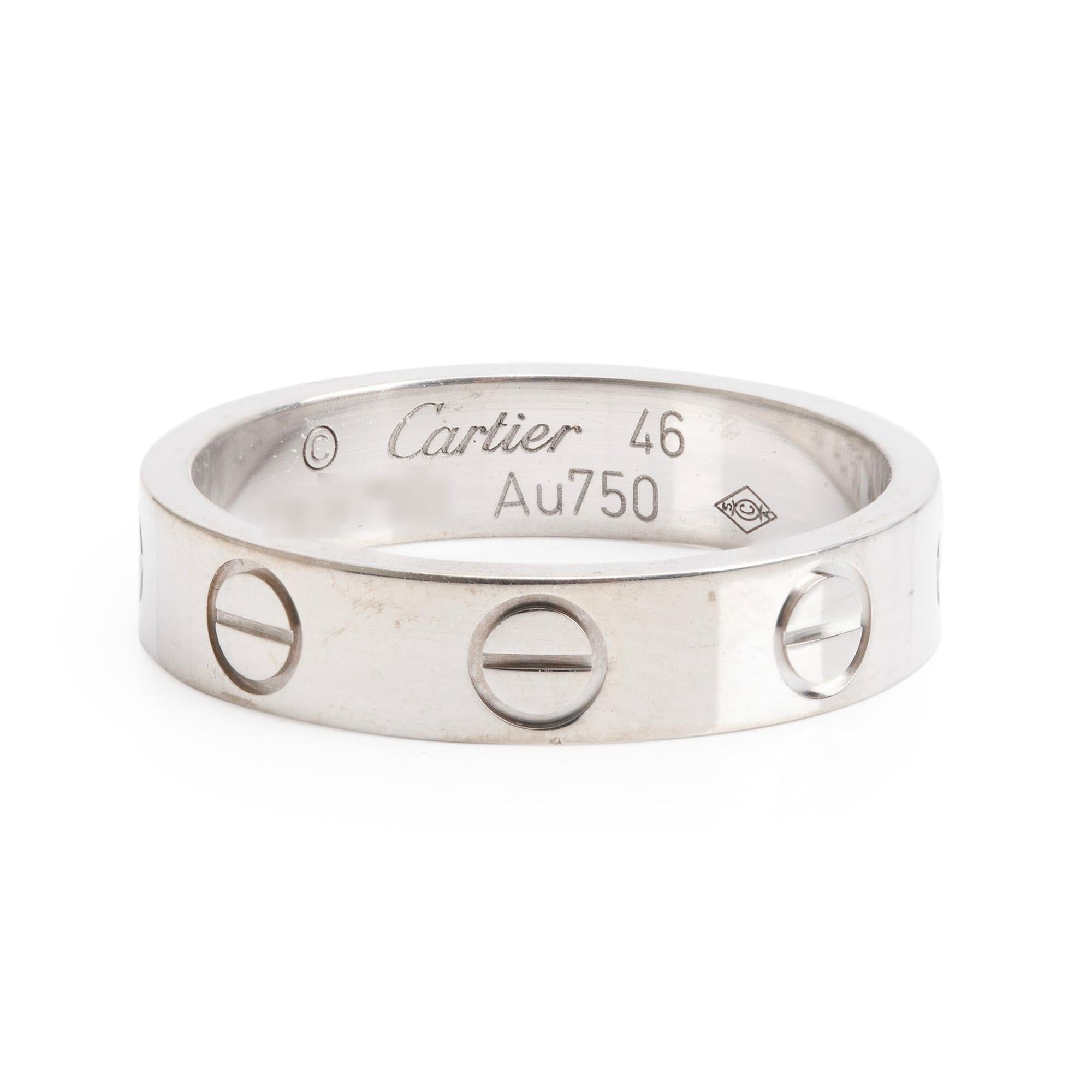 Cartier 18k White Gold 3.6 MM Love Wedding Band Ring, Size 46 3.75