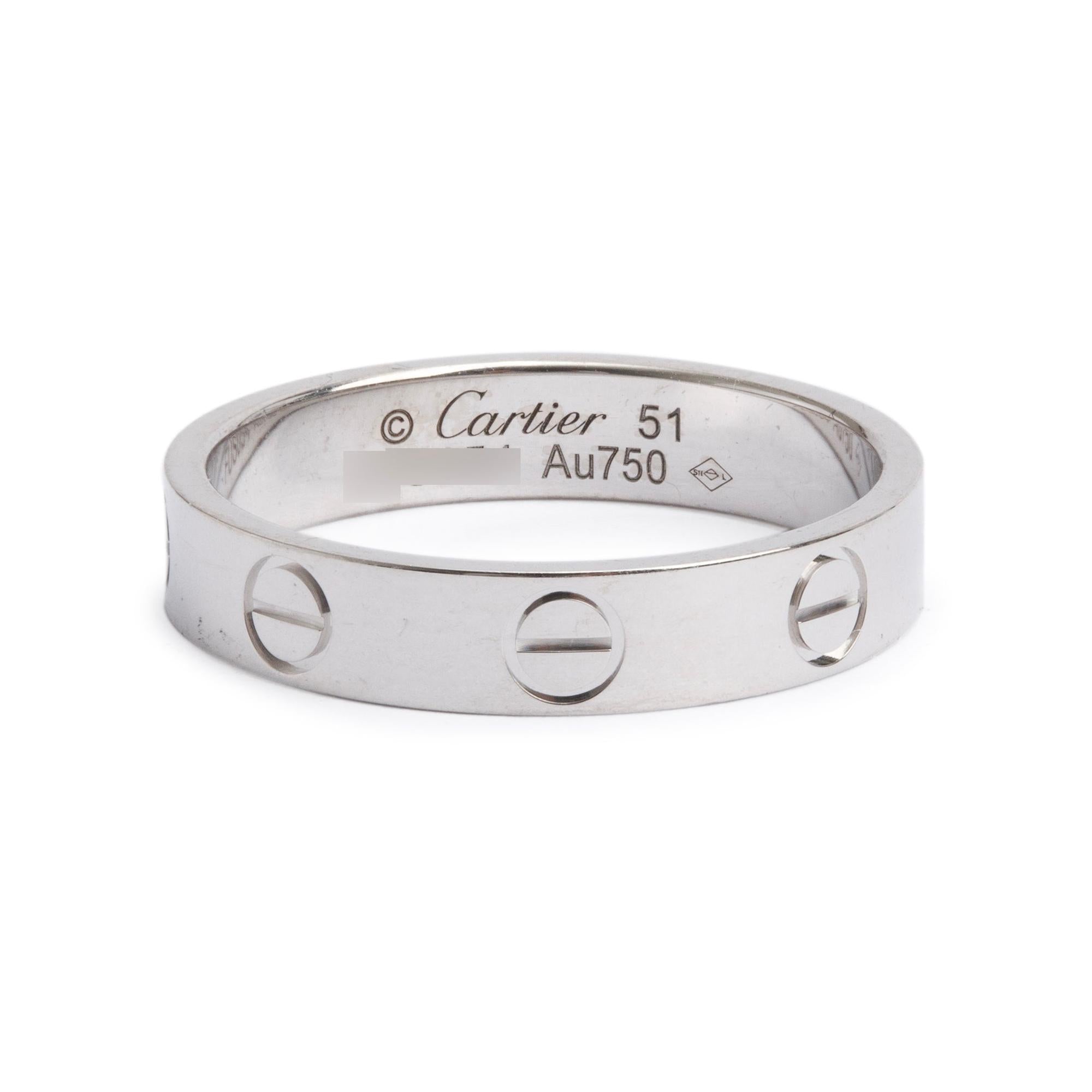 Cartier 18k White Gold 3.6 MM Love Wedding Band Ring, Size 51 5.75