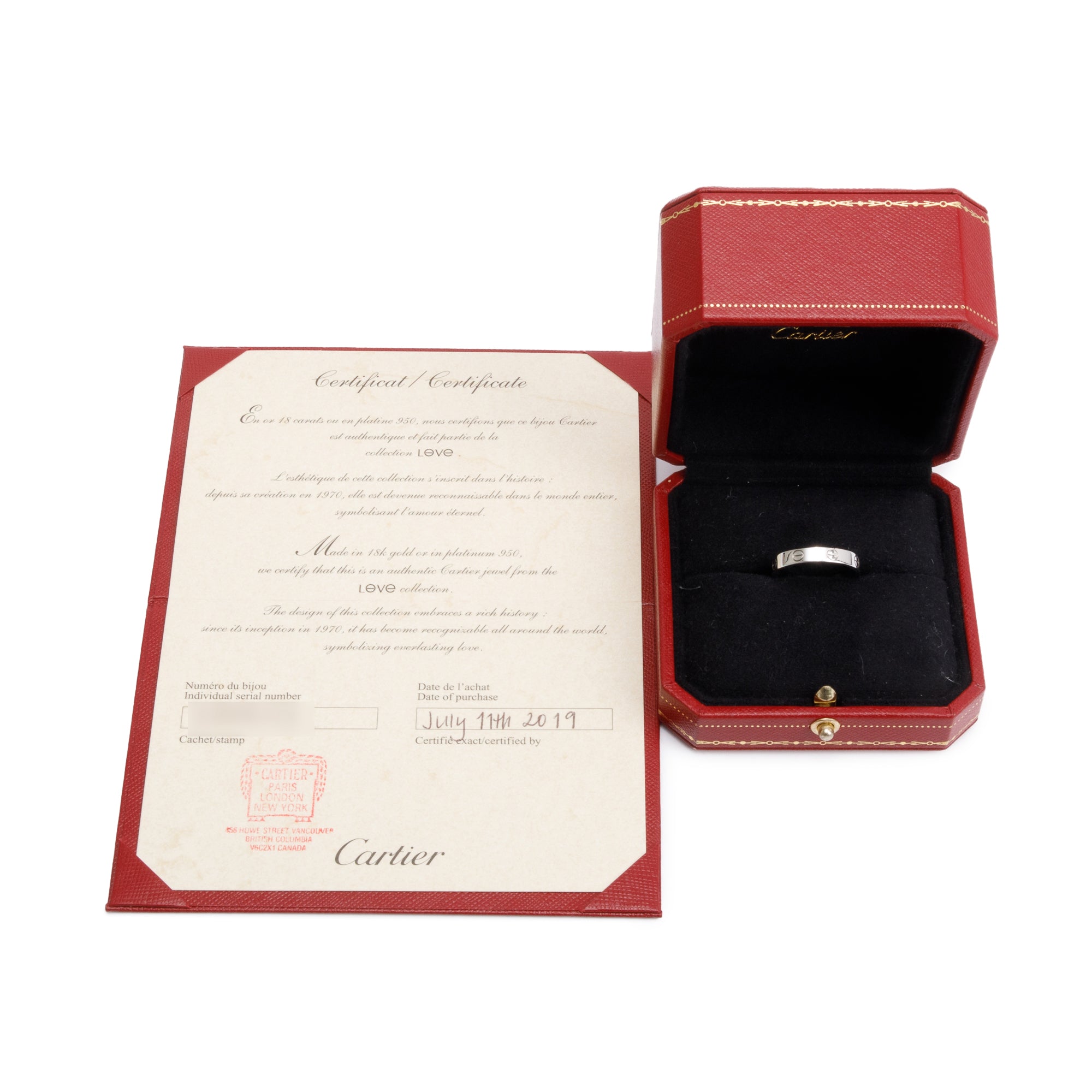 Cartier 18k White Gold 3.6 MM Love Wedding Band Ring, Size 58 8.5 w/ Box & Certificate