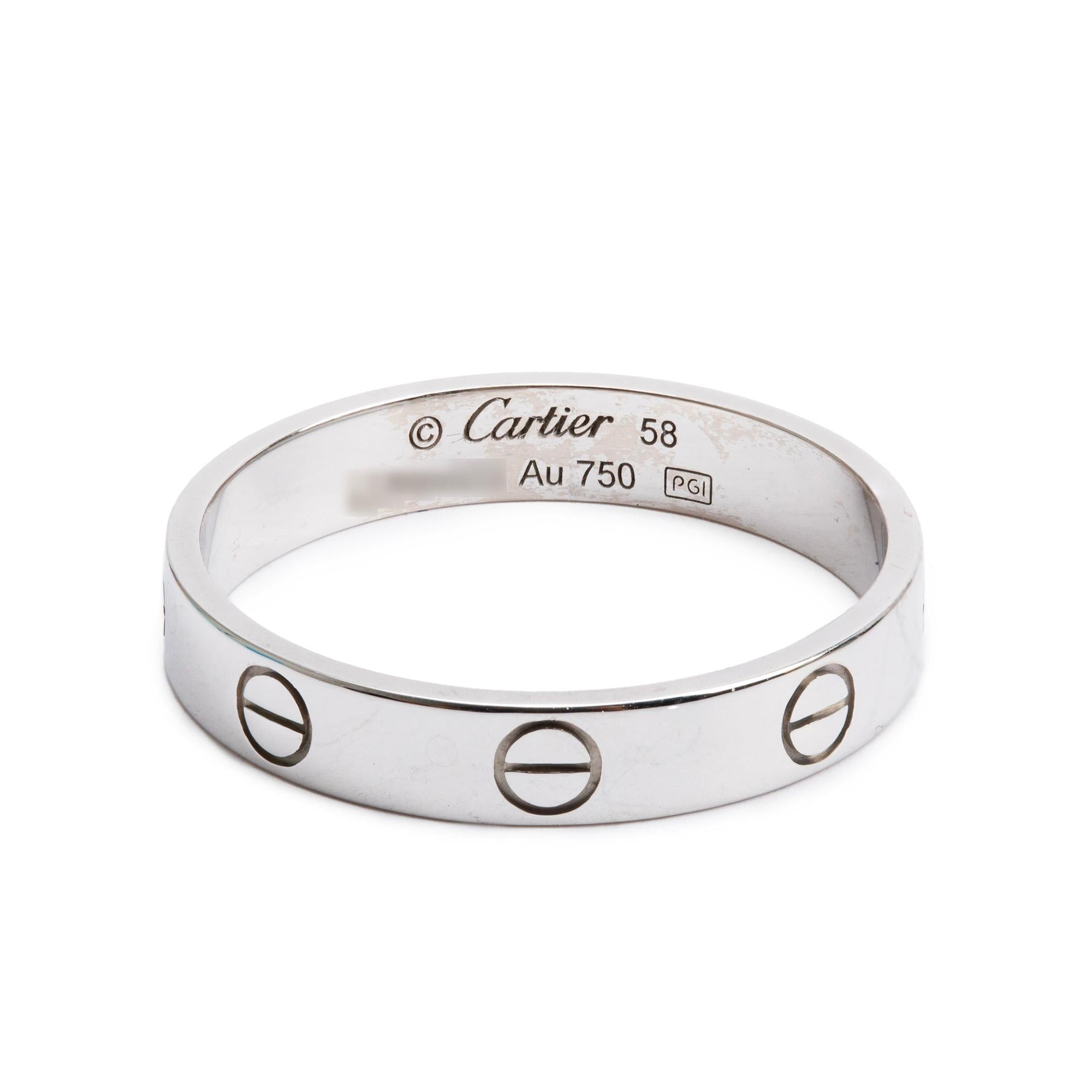 Cartier 18k White Gold 3.6 MM Love Wedding Band Ring, Size 58 8.5 w/ Box & Certificate