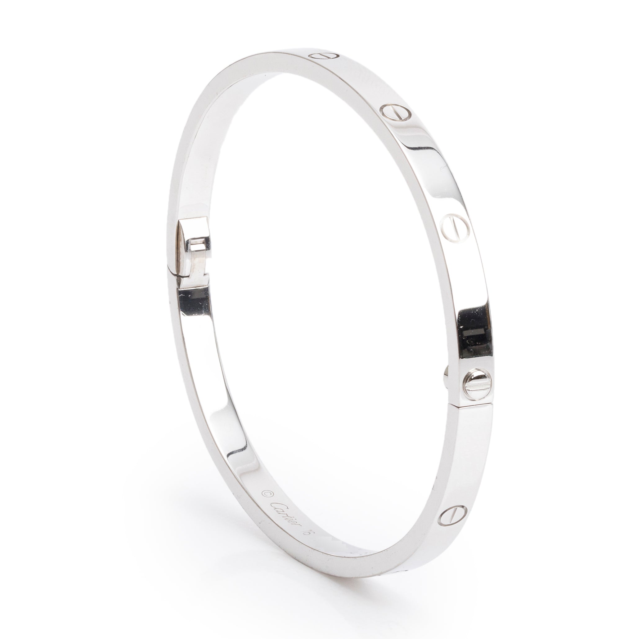 Cartier 18k White Gold 3.65 MM Love Bracelet, Small Model, Size 16 w/ Box, Receipt & Certificate