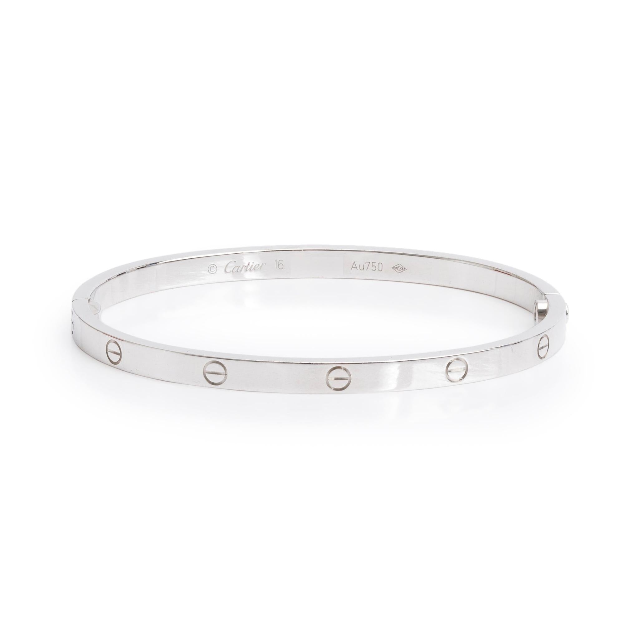 Cartier 18k White Gold 3.65 MM Love Bracelet, Small Model, Size 16 w/ Box, Receipt & Certificate