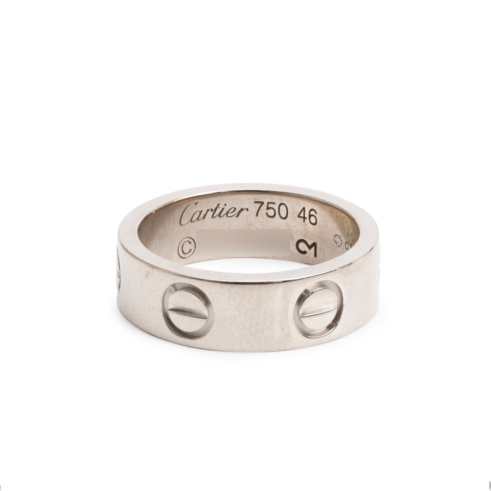 Cartier 18k White Gold 5.5 MM Love Ring, Size 46 3.75
