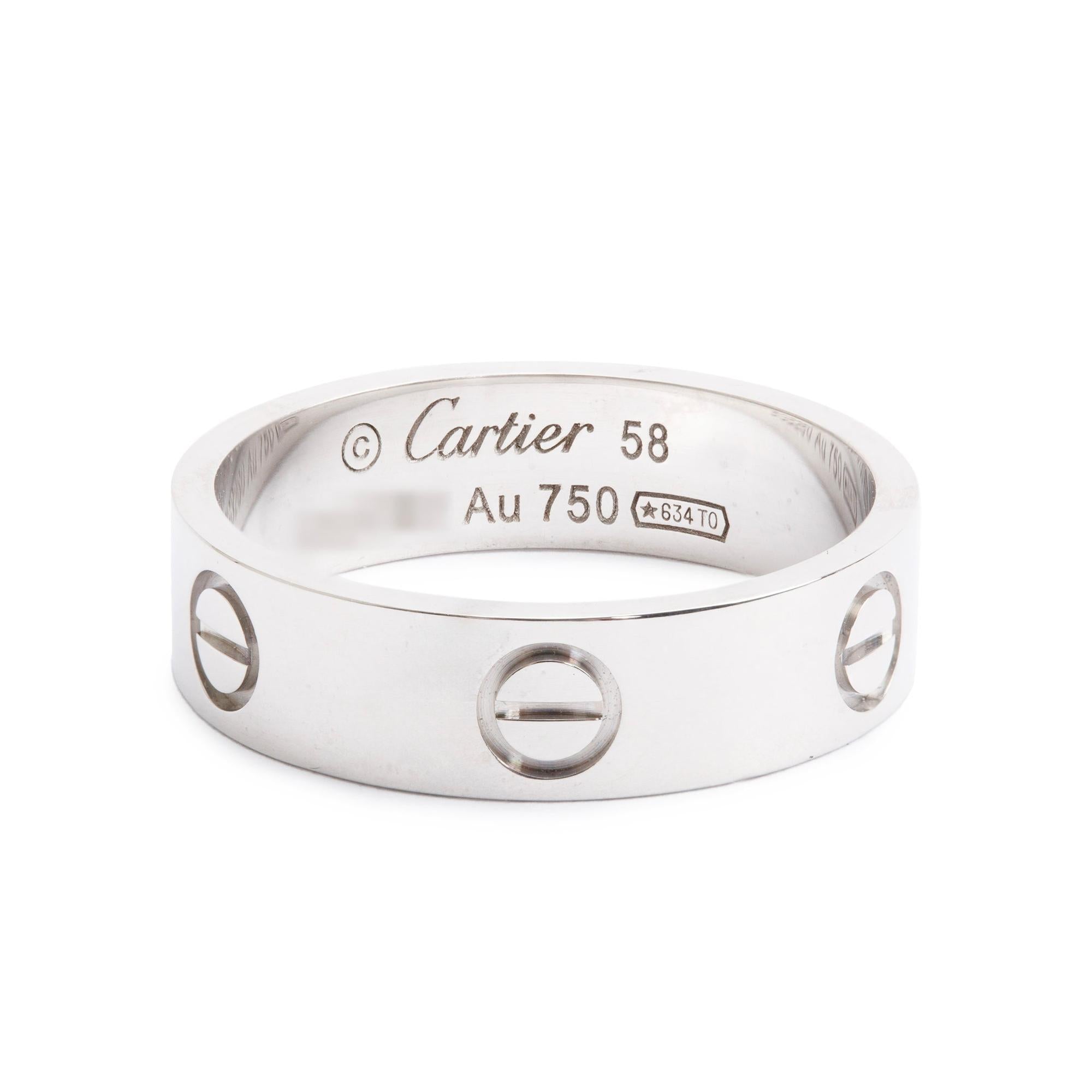 Cartier 18k White Gold 5.5MM Love Ring, Size 58 8.5