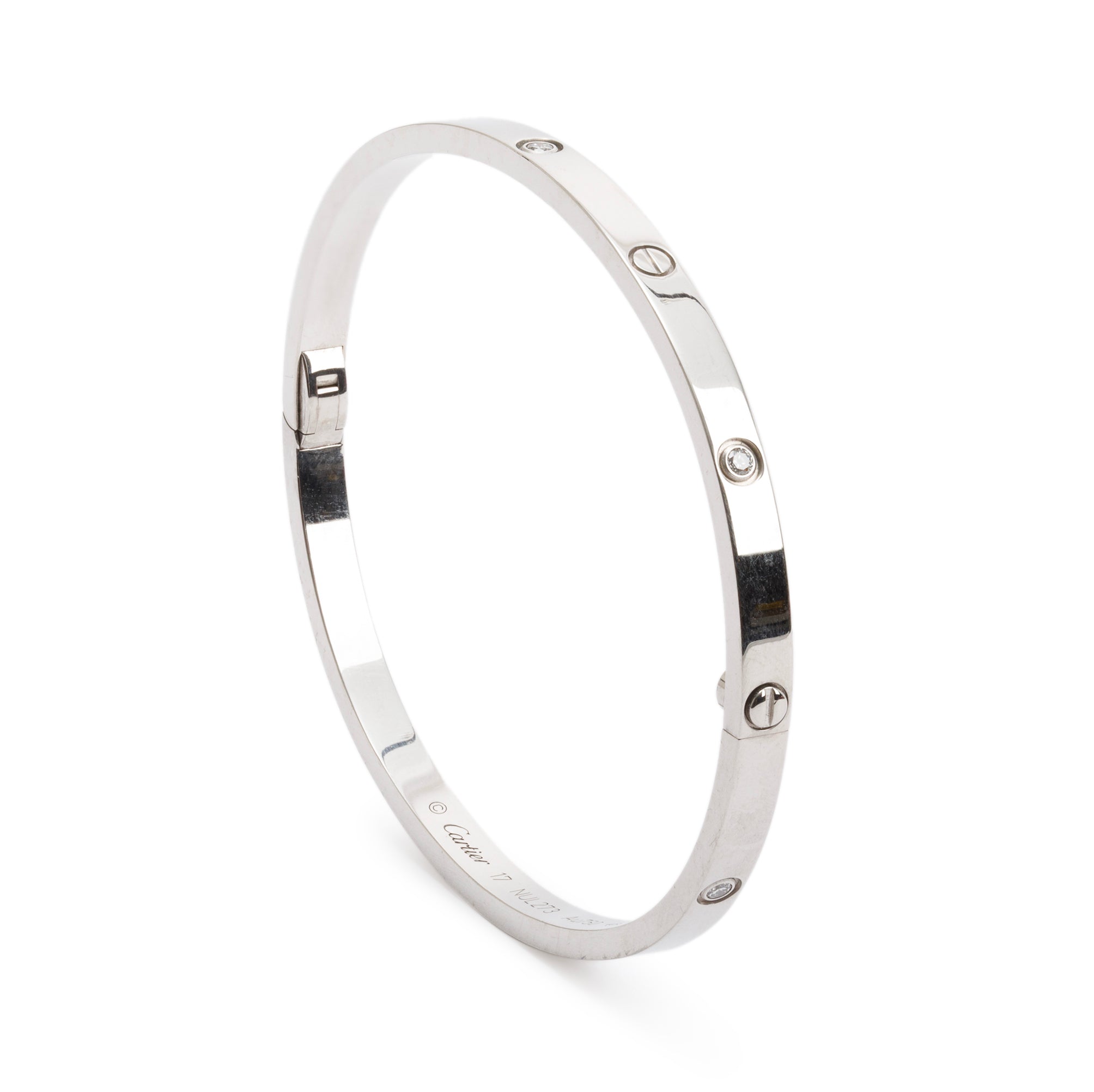 Cartier 18k White Gold 6 Diamond Love Bracelet, Small Model, Size 17 w/ Box & Receipt