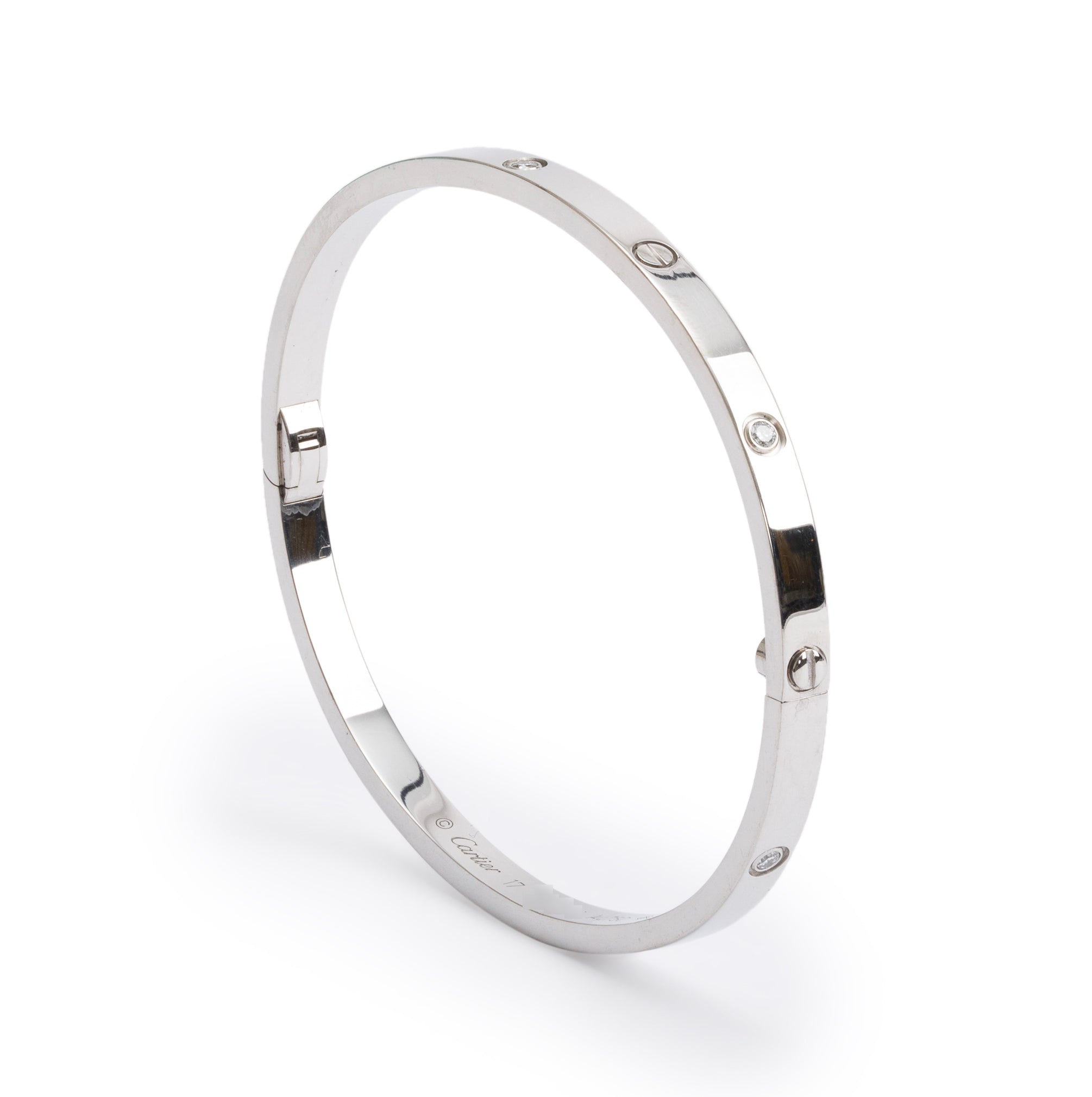 Cartier 18k White Gold 6 Diamond Love Bracelet, Small Model, Size 17 w/ Pouch