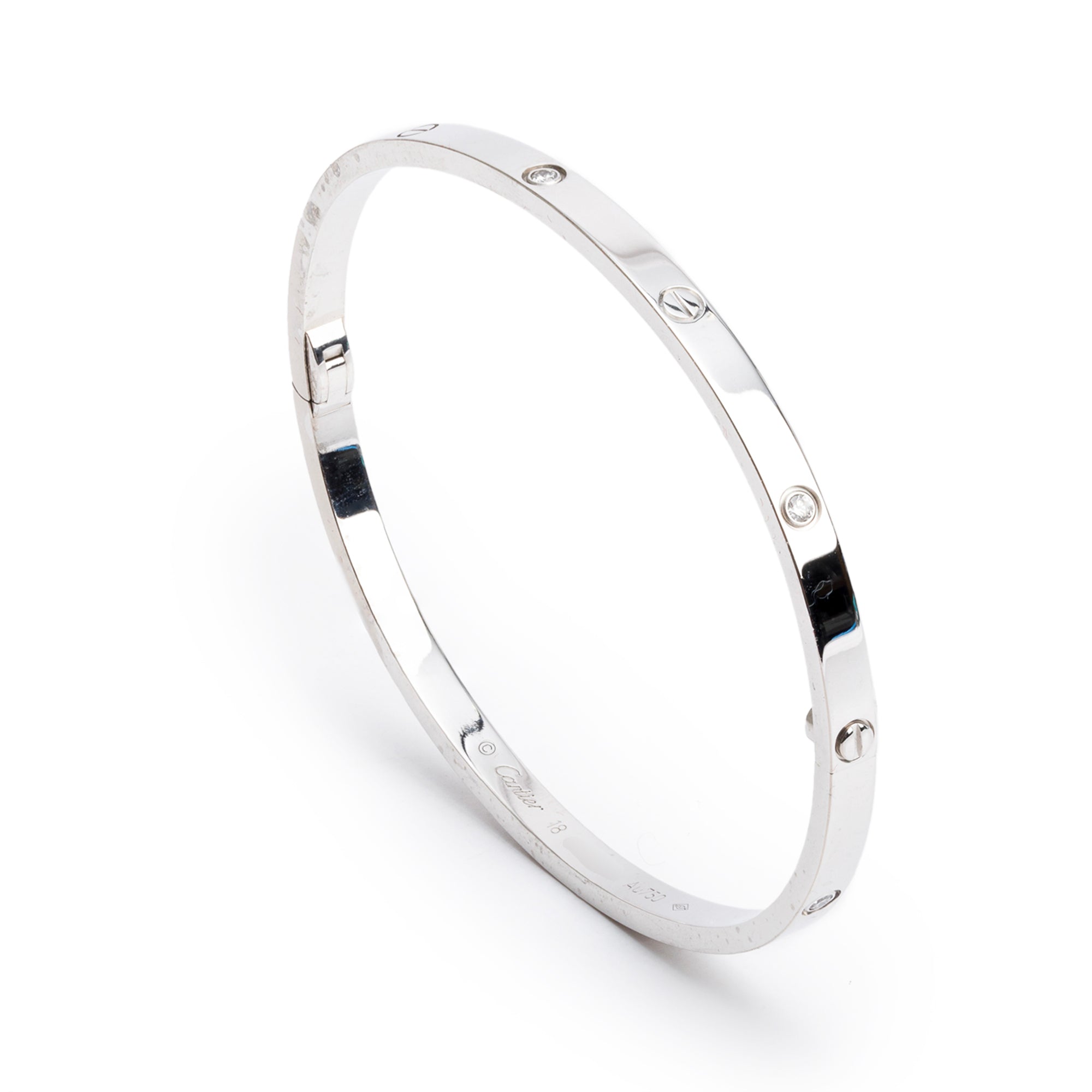 Cartier 18k White Gold 6 Diamond Love Bracelet, Small Model, Size 18 w/ Receipt & Certificate