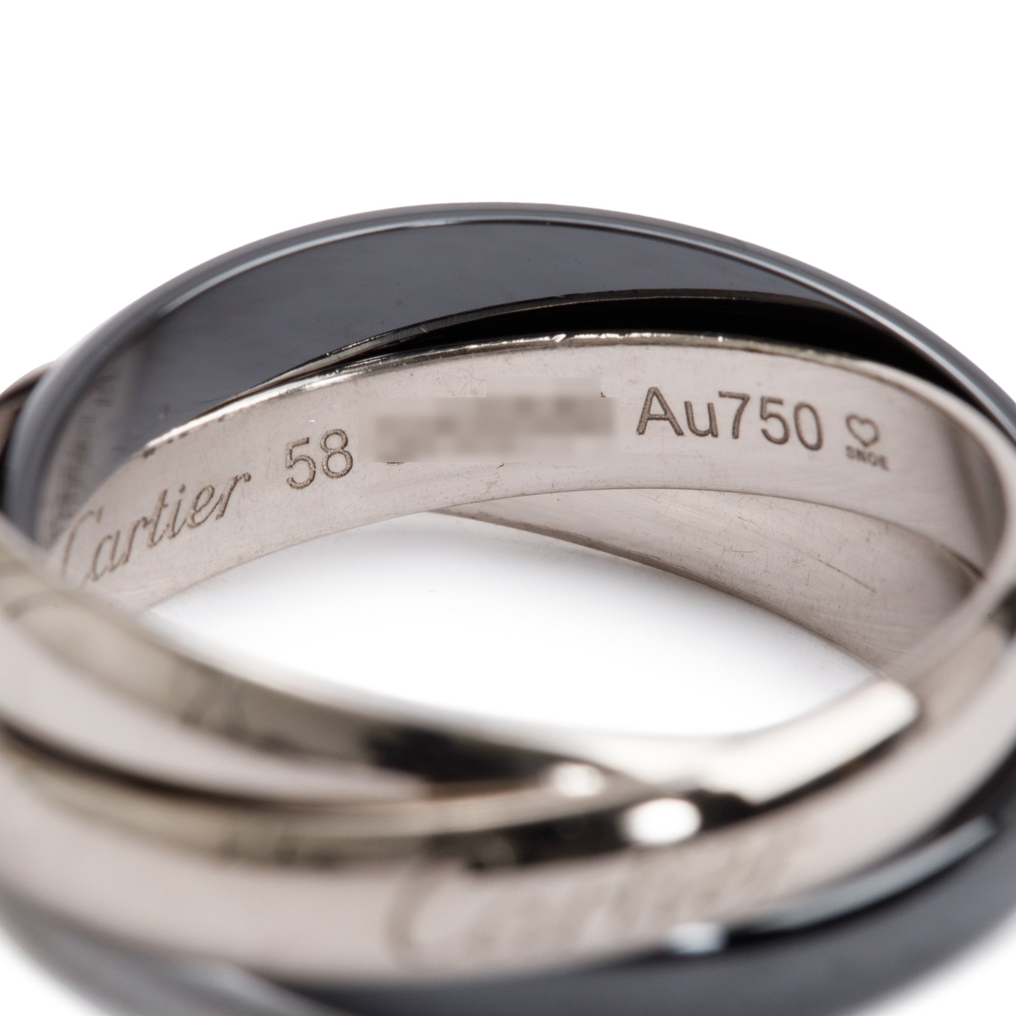 Cartier 18k White Gold & Black Ceramic Trinity Rolling Ring, Size 58 8.75